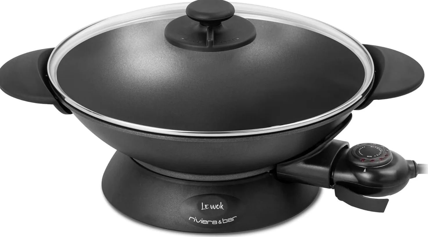 riviera&bar Wok Électrique Expert 5L - 2200W, Cuve en Fonte d'Aluminium, Couvercle en Verre, Thermostat Réglable 10 Positions - Idéal pour 8 Personnes - Accessoires Inclus - Nettoyage Facile