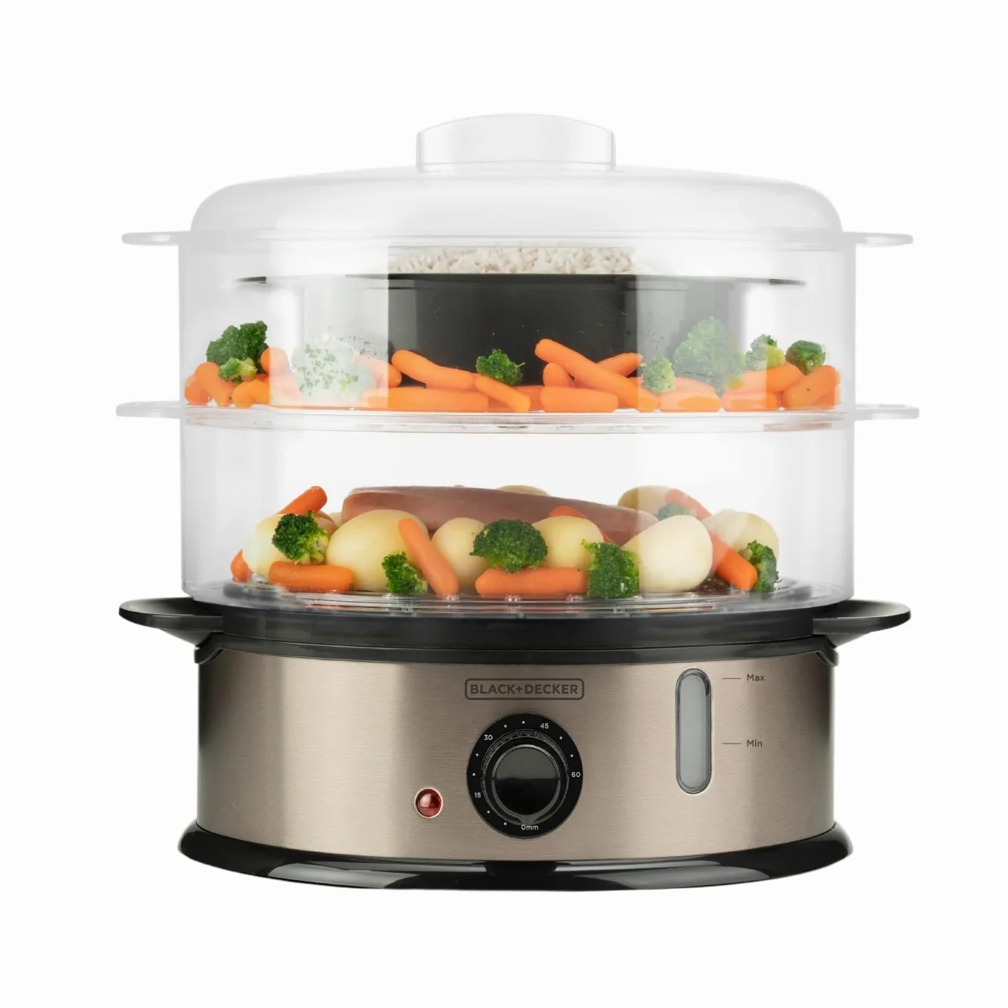 BLACK+DECKER BXST800E - Cuiseur Vapeur 800W | Capacité 6,5L (6-7 Portions) | Réservoir Eau 1L avec Indicateur | 2 Plateaux Empilables + Bol à Riz | Minuterie 60 min | Sans BPA | Lavable Lave-Vaisselle