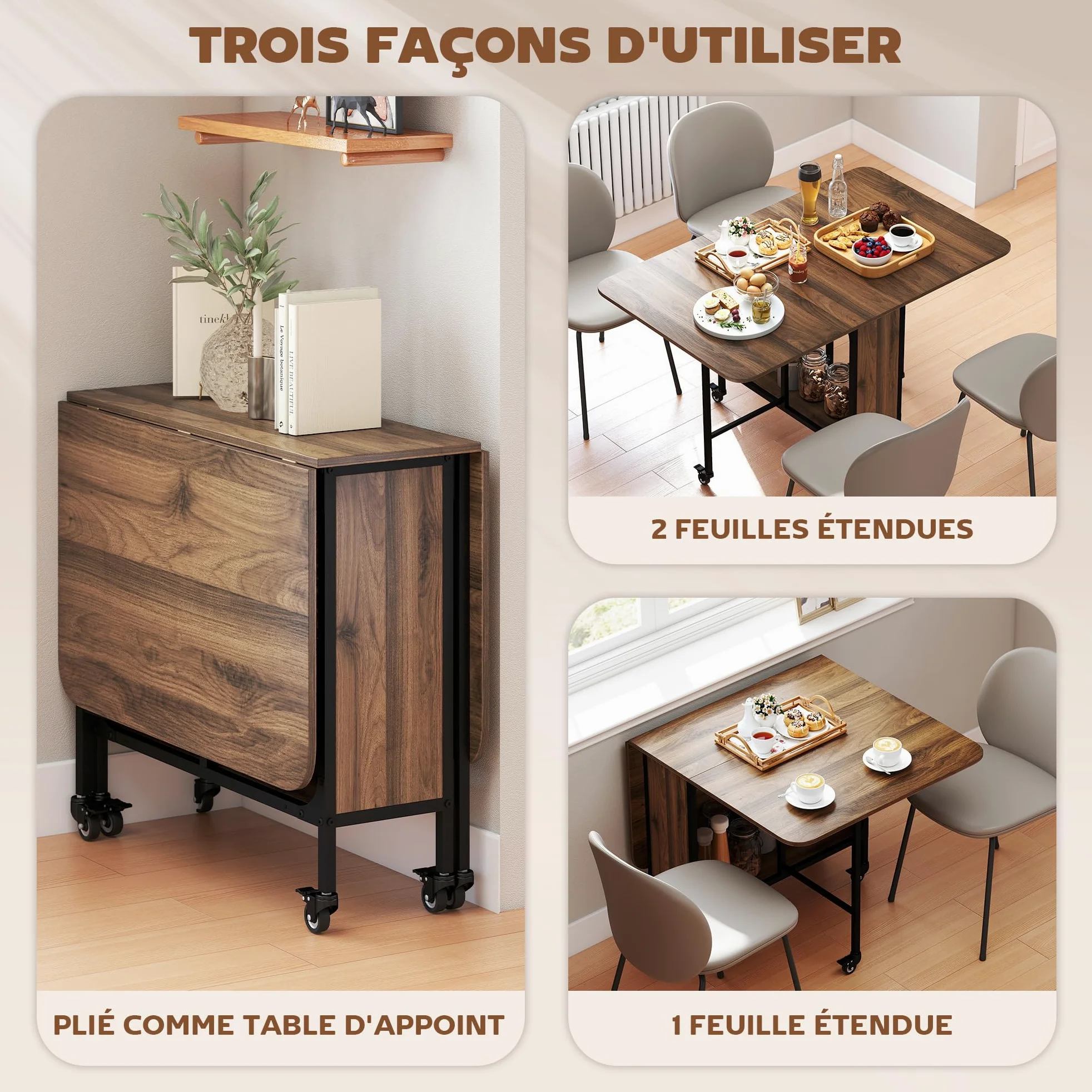HOMCOM Table à Manger Pliante sur roulettes, Table de Cuisine pour 6 Personnes avec 2 abattants et étagère intégrée, pour Petits espaces, Salle à Manger, 130 x 80 x 74 cm, Marron