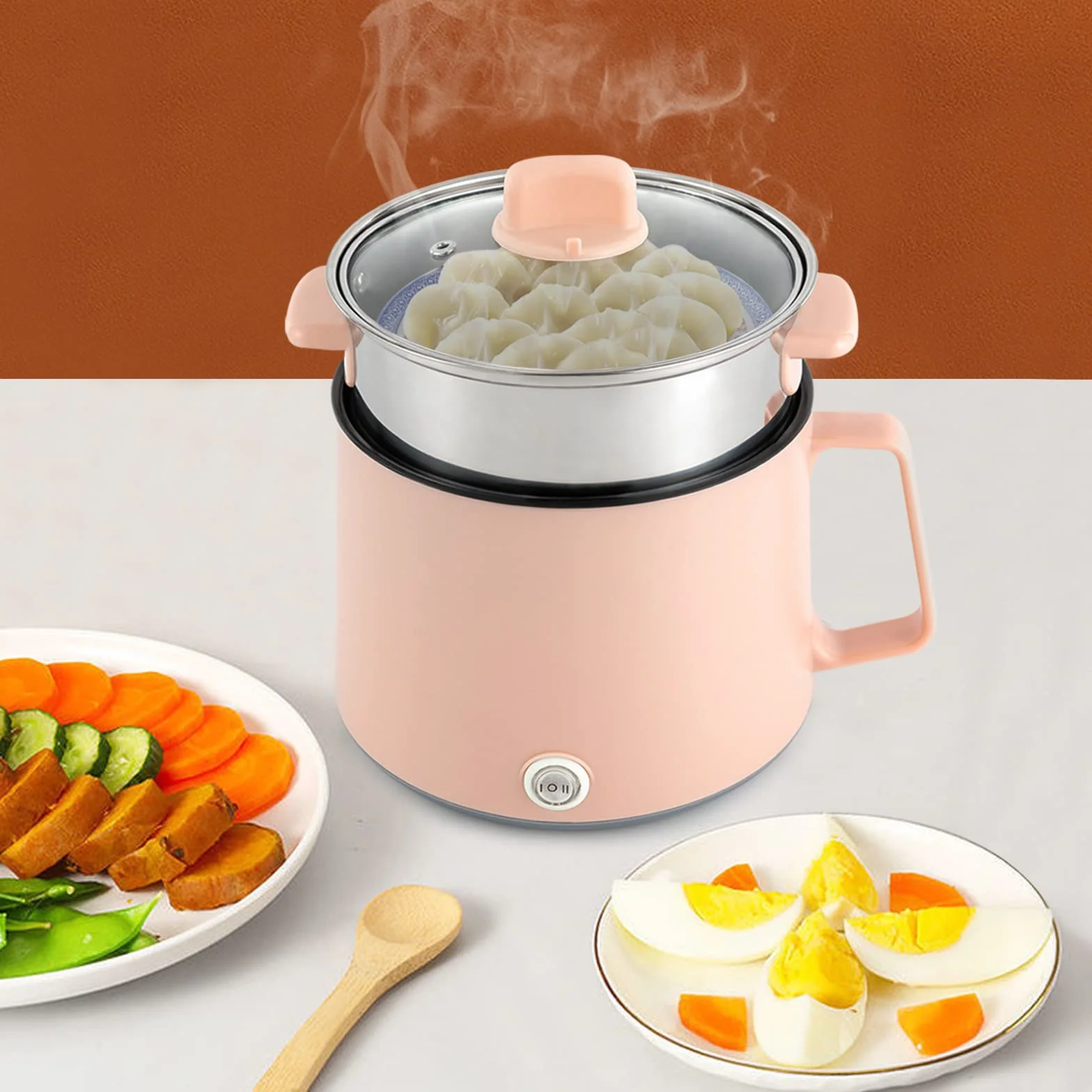 Appareil à Fondue Electrique Portable Thermostat RéGlable Couche Panier Vapeur RevêTement AntiadhéSif PoignéE RéSistante Chaleur Multifonction Fromage Chocolat Hot Pot Fondue (Rose)