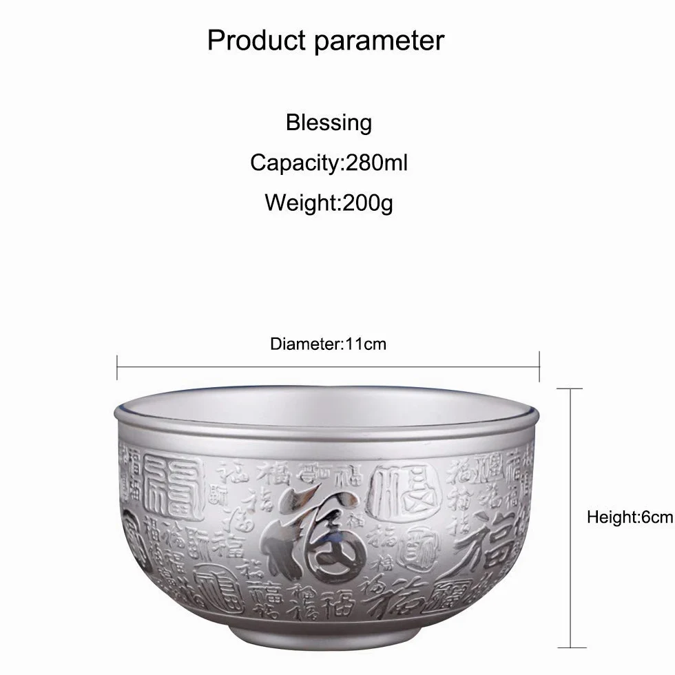 Bols à Grains en Argent Sterling, Bols à salades, Bols à Soupe, Bols de Riz, Bols de pâtes, Bols de Desserts, Bols de Fruits, Vaisselle en Argent de qualité Alimentaire,Blessing 280ML