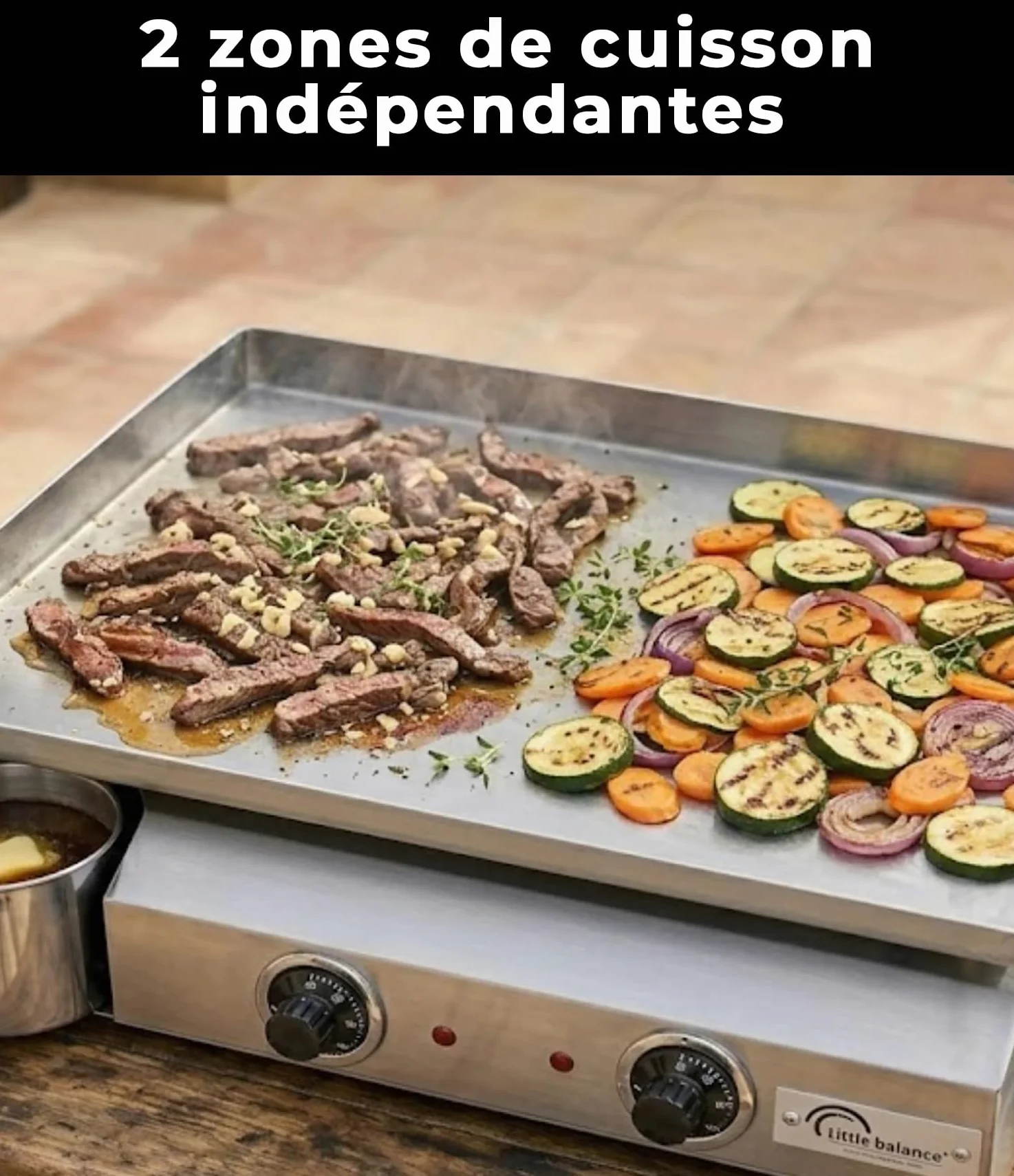 LITTLE BALANCE 8679 Amplitude 60-40, Plancha électrique semi professionnelle, 2 zones de cuisson indépendantes, 3000 W, Fabrication 100% française, Tout Inox