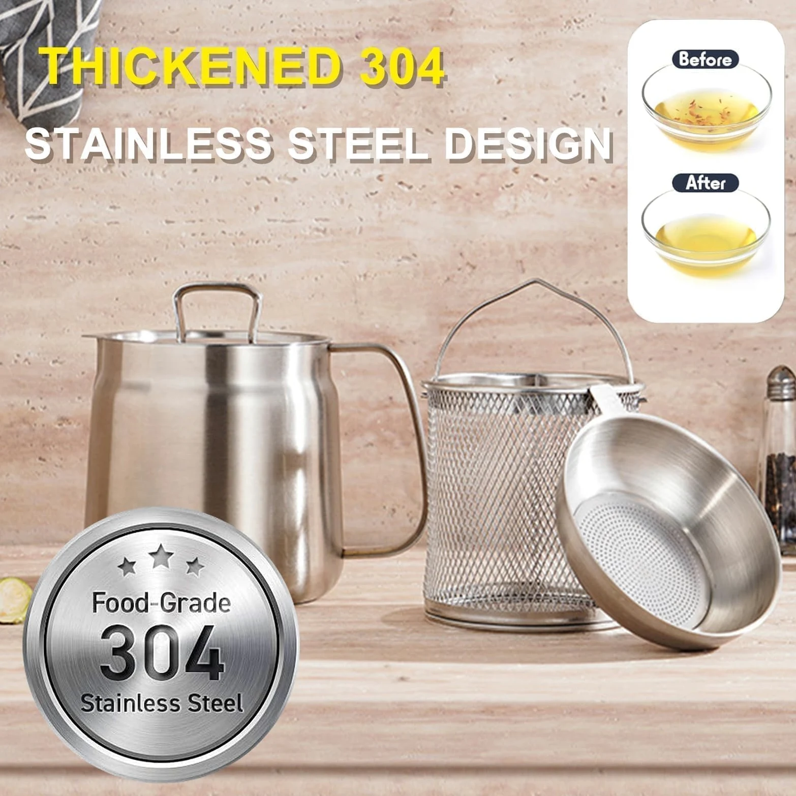 Récipient à Filtrer Huile Inox 304, 2L Grand Volume Polyvalent, Filtre à Huile de Cuisine Avec Couvercle Anti-poussière, avec Panier à Frire, Brosse à Cuisinière, Filtre et Gants