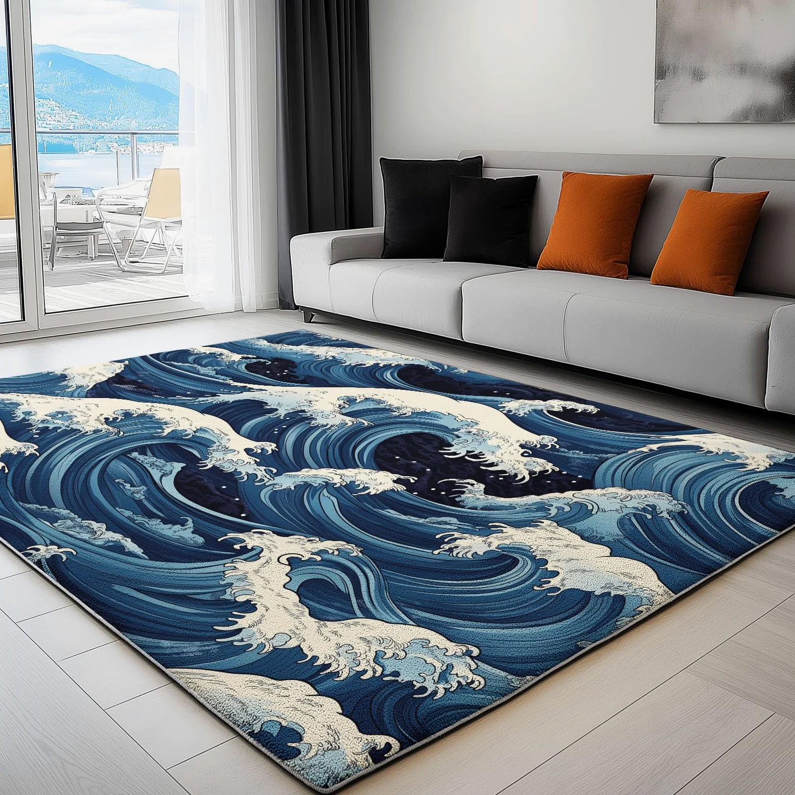 Tapis Poils Ras Motif Vagues À La Japonaise Tapis Salon Chambre Adulte Salle à Manger Bureau Tapis Imprimé à Poil Court Doux Fin Lavable 140 x 200 cm, Bleu Blanc