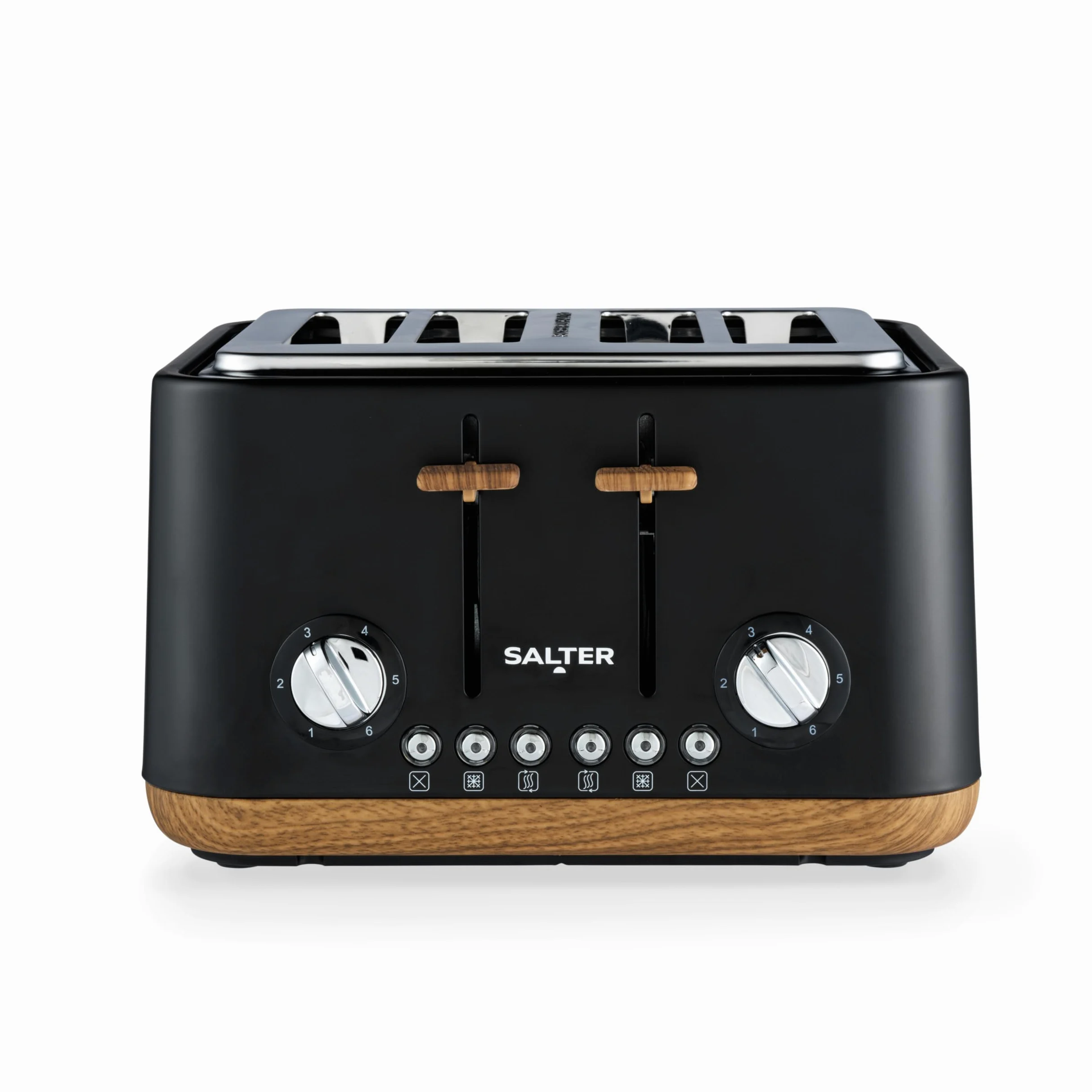 Salter EK5823BLK Toronto 4-Slice Toaster – Wide Slots, 6 Browning Levels, Removable Crumb Tray, Defrost, Reheat, Cancel, Self-Centring Function, High-Lift Eject, 1630 W, Wood Effect, Matt Black