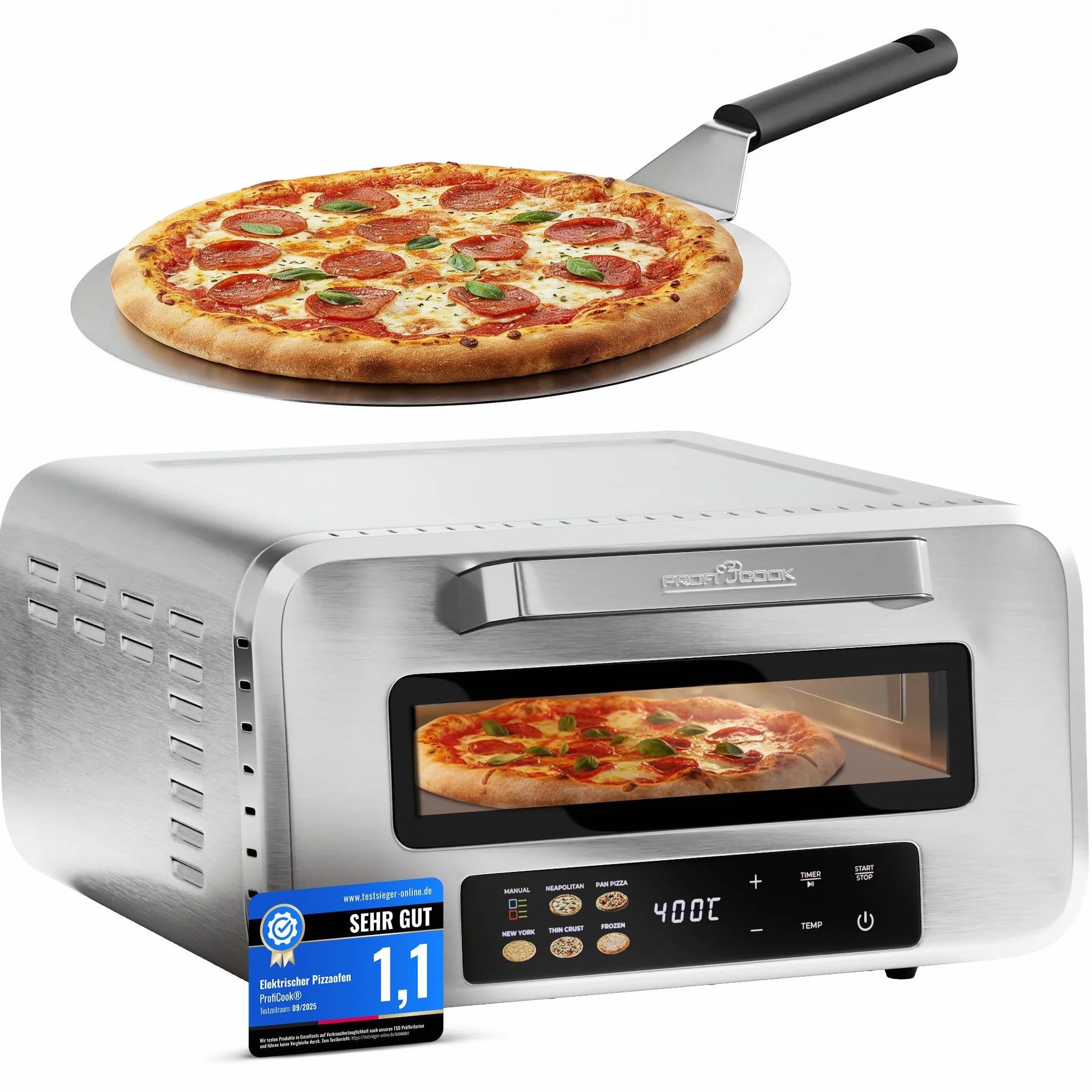 Four à pizza électrique ProfiCook | 400 °C | véritable pierre à pizza | pelle à pizza incluse | réglage variable du temps et de la température | four à pizza électrique | machine à pizza | PC PO 1323