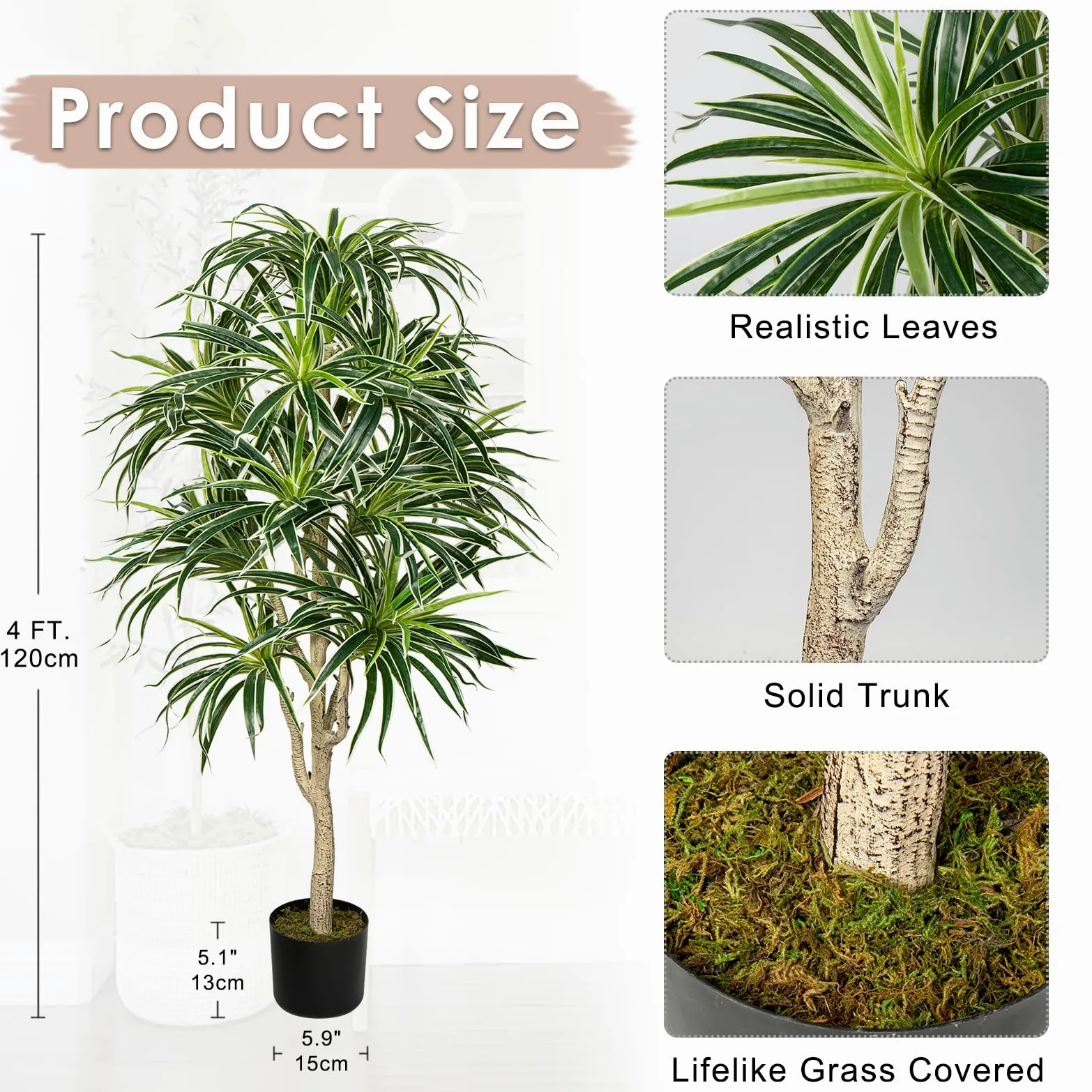 120 cm Plante artificielle grande Dracaena, Chlorophytum Fausse plante à araignée, Plante artificielle décorative suspendue pour salon, balcon, chambre à coucher, salle de bain, décoration intérieure