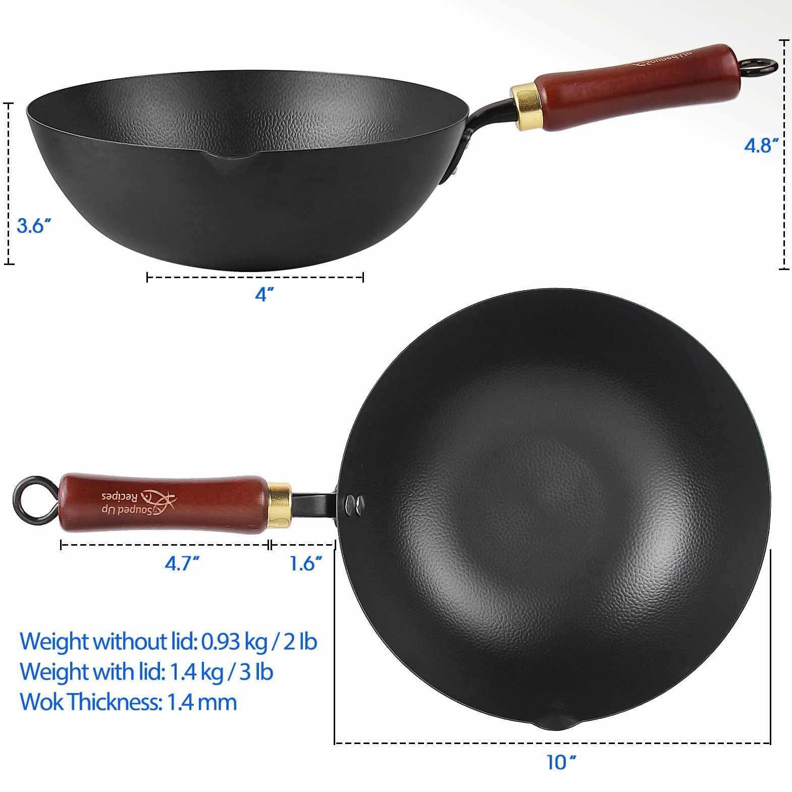 Souped Up Recipes Wok en acier carbone de 25,4 cm pour cuisinières électriques, à induction et à gaz (couvercle et guide d'utilisation vidéo inclus)