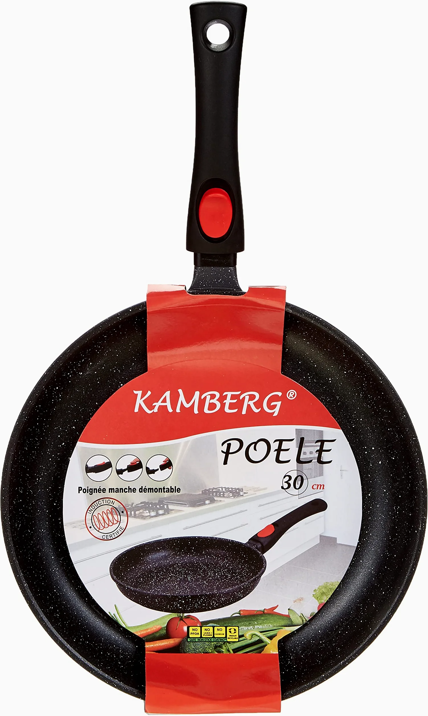 Kamberg - Poêle 30 cm - Manche Amovible - Fonte d'Aluminium - Revêtement Type Pierre - Tous Feux dont Induction - Sans PFOA - 0008024, Noir