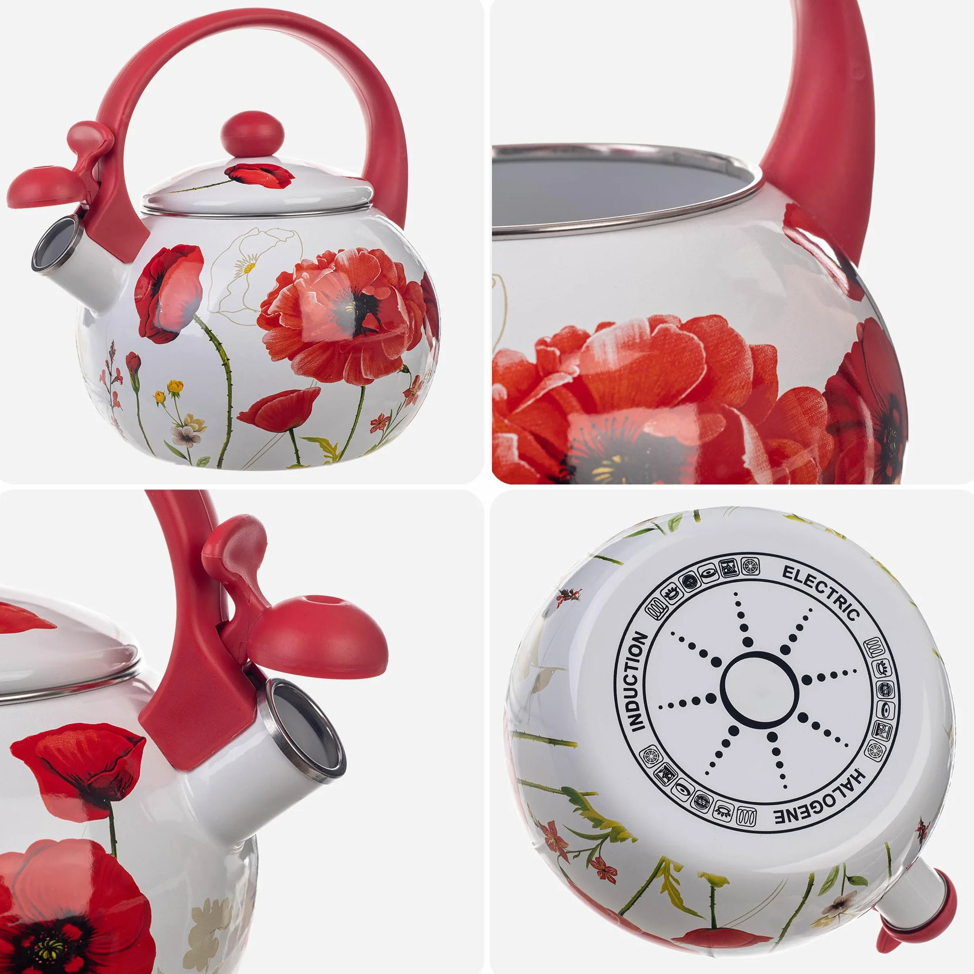 KADAX Bouilloire Sifflante en Acier 2.2L, Théière Émaillée pour Cuisinières à Induction et à Gaz, Dotée d'une Poignée Ergonomique et d'un Sifflet Intégré (Fleurs rouges)