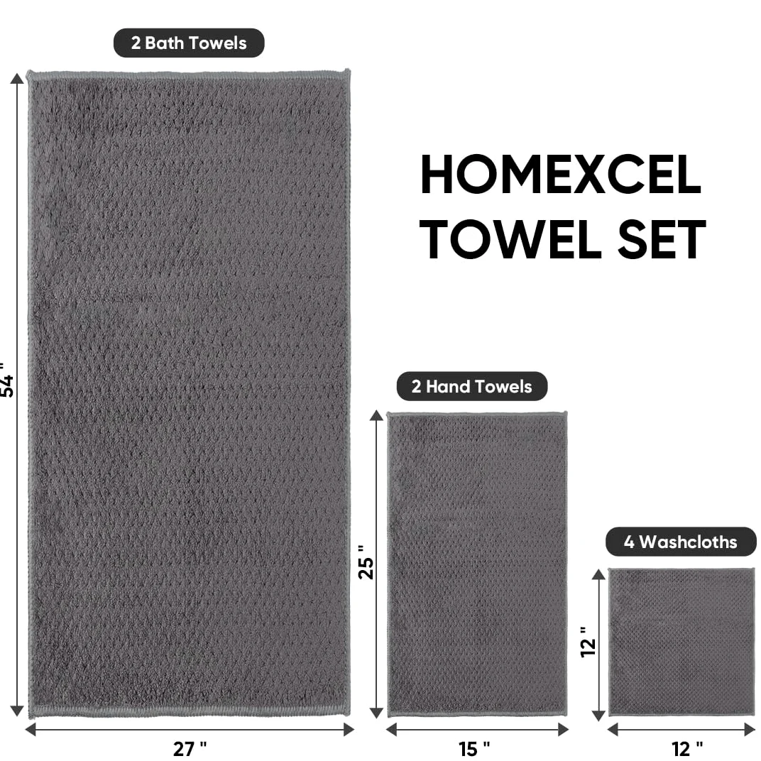 HOMEXCEL Lot de 8 Serviettes de Bain en Microfibre – 2 Serviettes de Bain, 2 essuie-Mains et 4 débarbouillettes, Super Douces, très absorbantes pour Salle de Bain, Salle de Sport, hôtel et Spa (Gris)