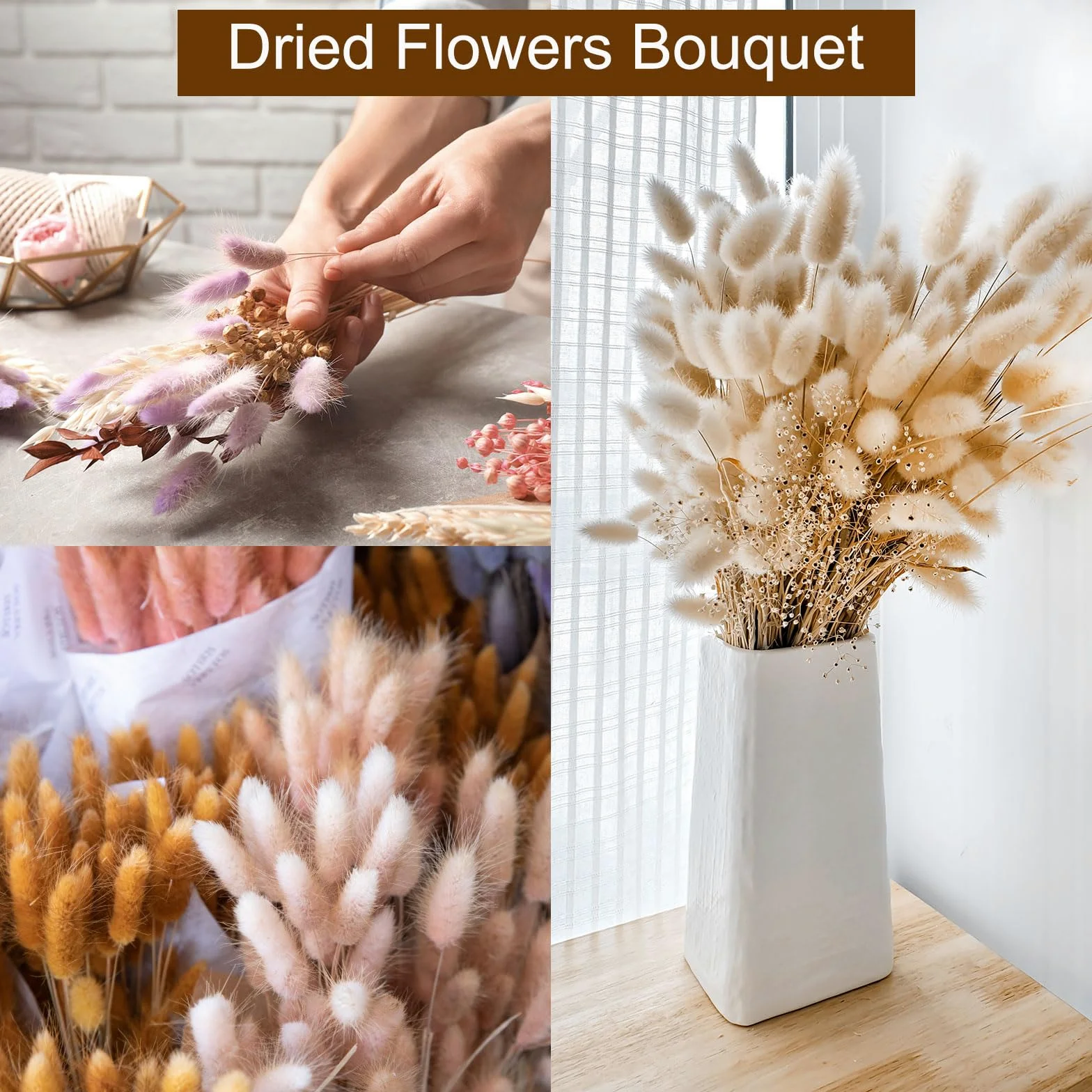 QUARKZMAN 120Pcs Queue de Lapin Naturelle Fleurs Séchées 60cm Gris | Mini Herbe de Pampa Lagurus Ovatus, Bouquet pour Décoration Florale Mariage Noël