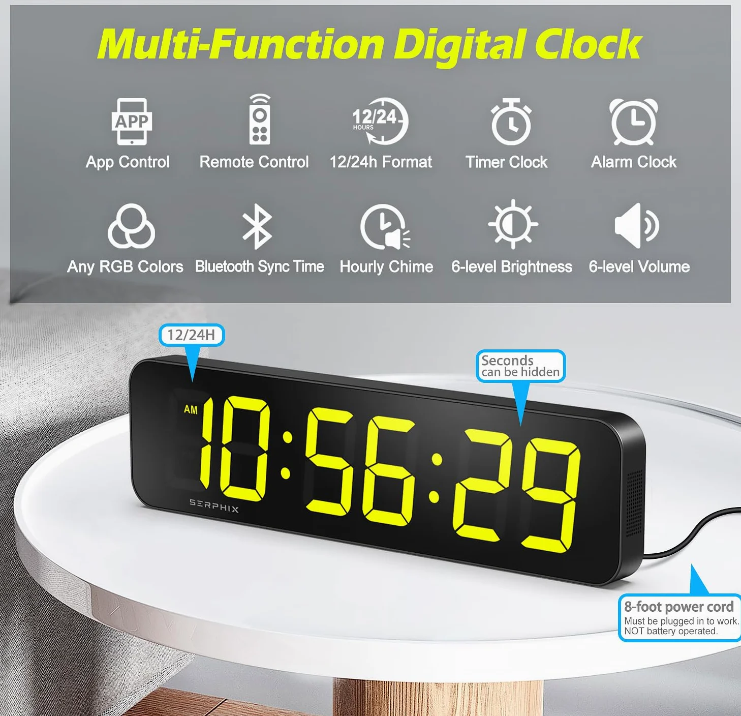 Grande horloge murale numérique de 38,6 cm, couleur RVB personnalisable, application et télécommande, horloge LED à 6 chiffres avec secondes, alarme, compte à rebours, chronomètre, horloge pour la