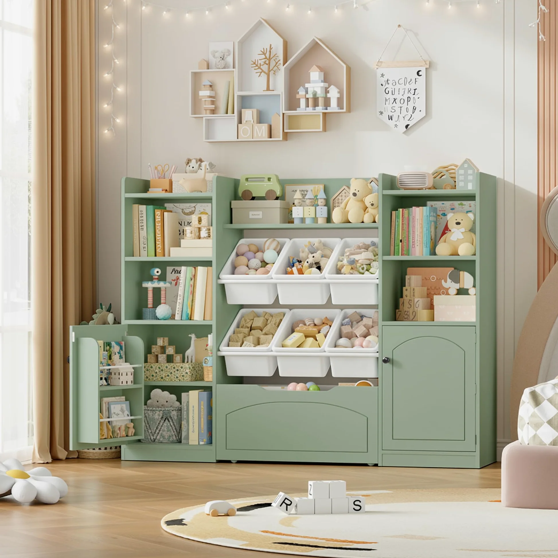 FOREHILL Meuble Rangement Enfant Bibliothèque Enfant avec 15 Étagères 6 Boîtes Amovibles 1 Tiroirs Roulants 2 Portes Rangement Jouet pour Chambre d'enfants Salle de Jeu 140x33x108.2cm Vert