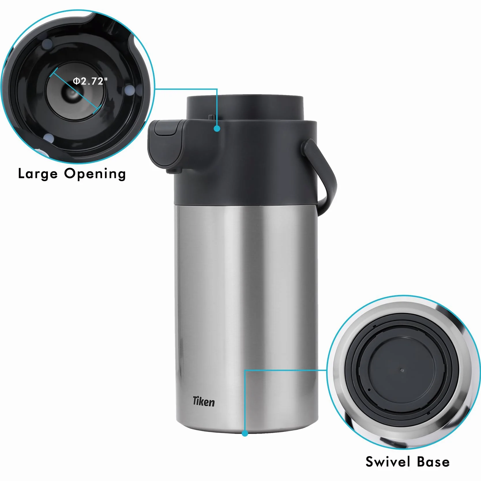 Tiken Distributeur de Café à Pompe Airpot - Carafe Isotherme 4L pour Boissons Chaudes - Thermos à Café en Acier Inoxydable