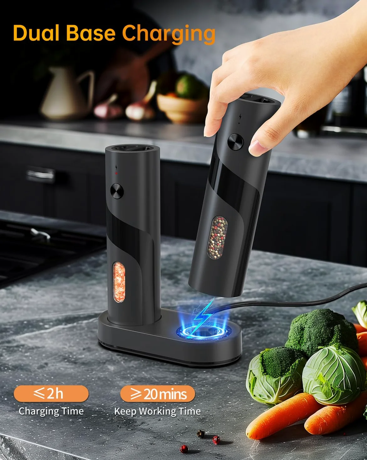 CIRCLE JOY Ensemble de Moulins à Sel et Poivre Électriques Rechargeables avec Socle de Recharge, Grossièreté Réglable, Capacité de 110ml et Lumière LED Blanche, Noir