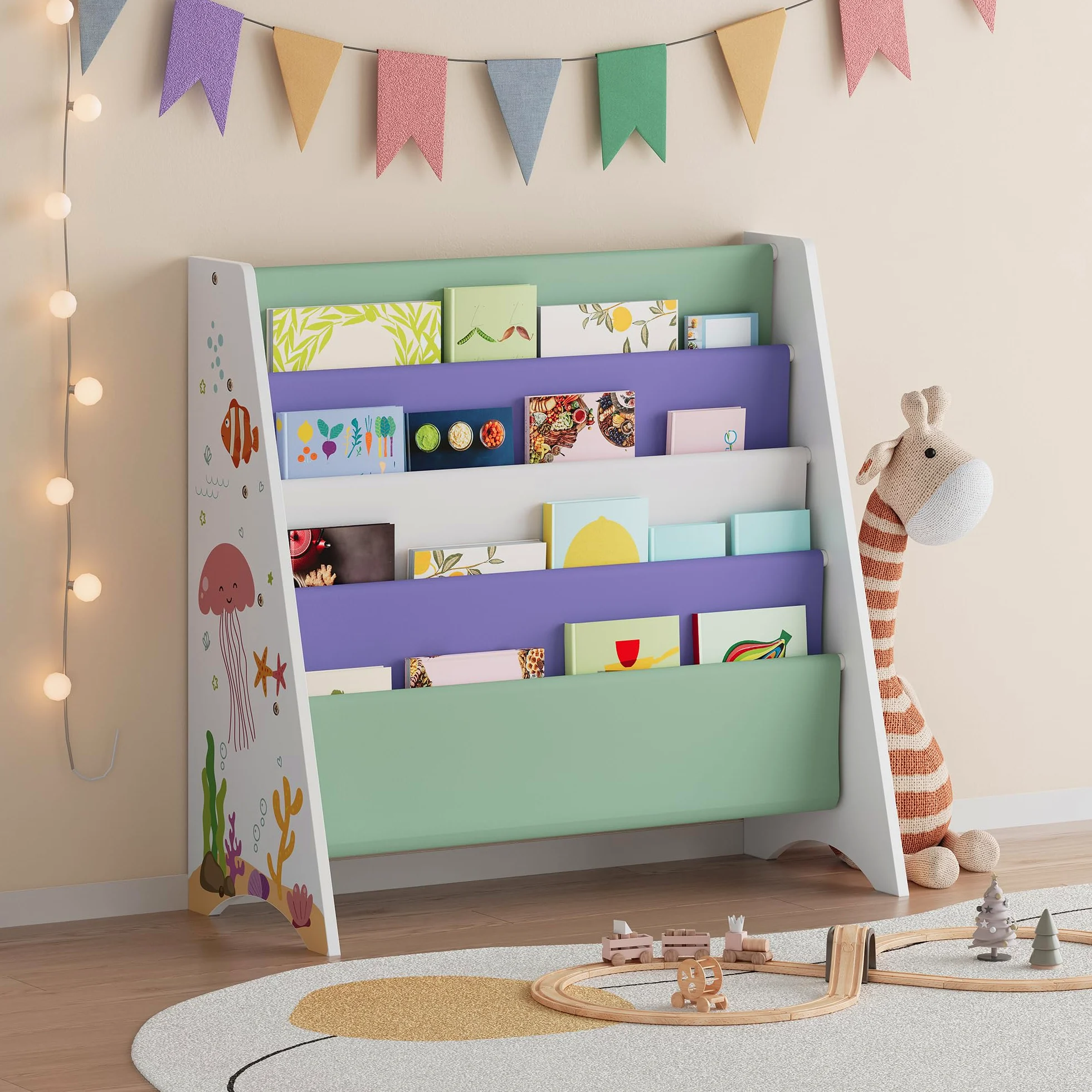 [en.casa] Bibliothèque Enfant Étagère avec 4 Compartiments de Rangement Meuble de Stockage Motif Aqua Dream Coins Arrondis Panneau de Particules Polyester Métal 60 x 62 x 28 cm Blanc Vert Clair Violet