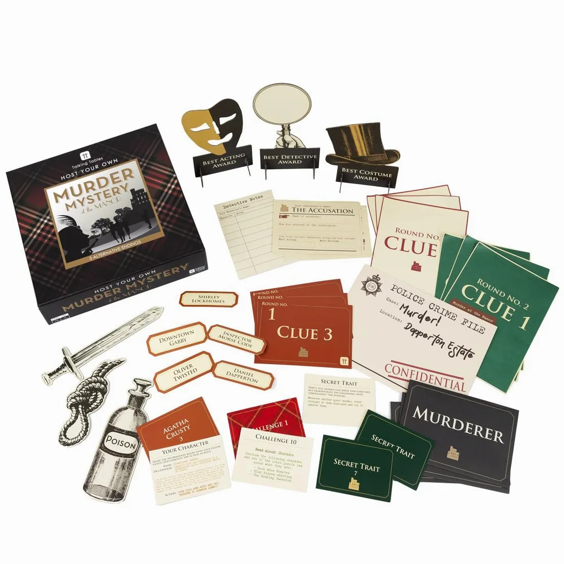 Jeu réutilisable Murder Mystery at the Manor After Dinner Party pour adultes, organisez votre propre soirée de jeux sur le thème des Highlands écossais, 3 fins alternatives pour déguisement, idée