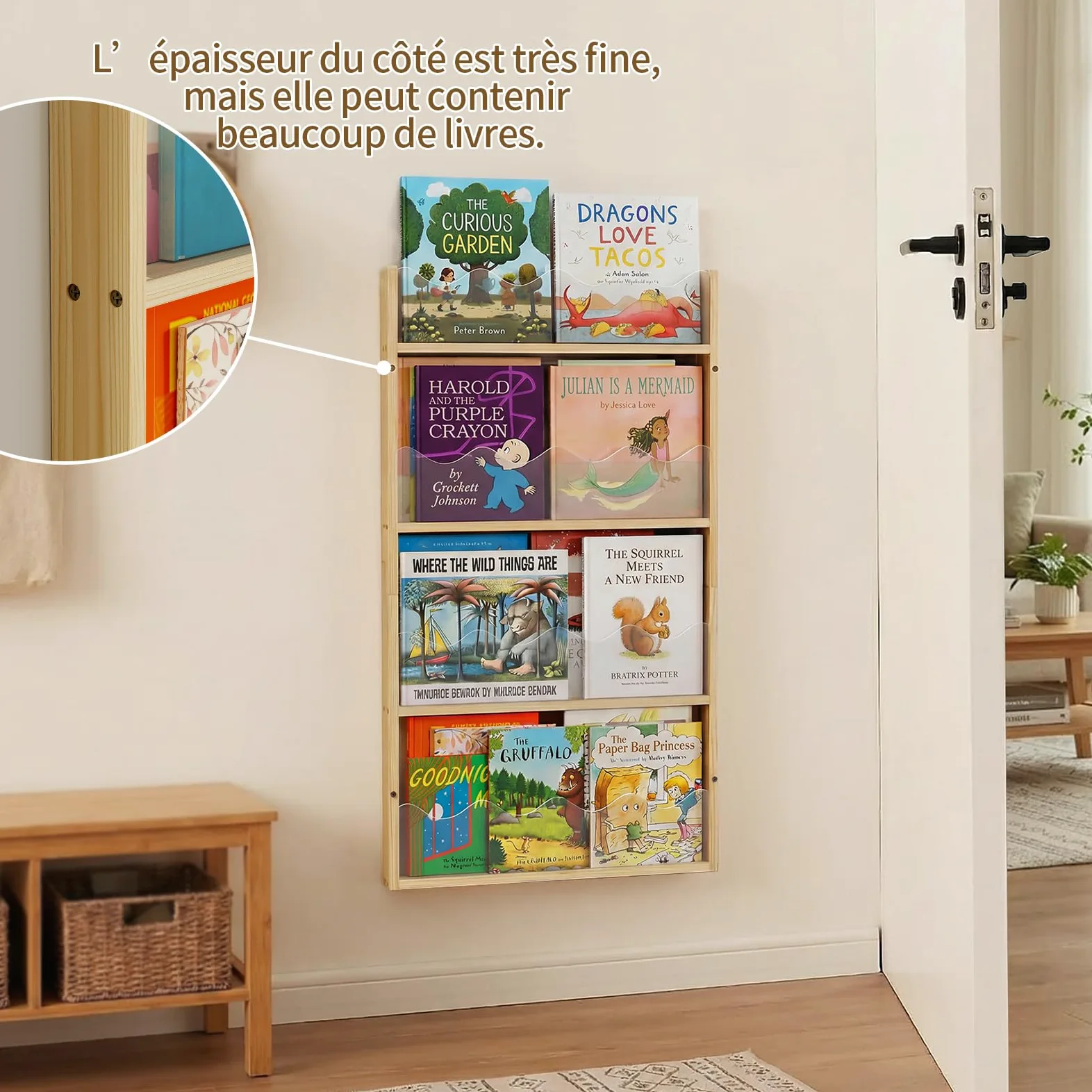 Étagère Murale 4 Niveaux Chambre d'enfant Bois & Acrylique - Étagère à Livres Flottante Chambre Bébé, Étagère Montessori Murale, Rangement Livres Enfant, Organisateur de Jouets & Livres