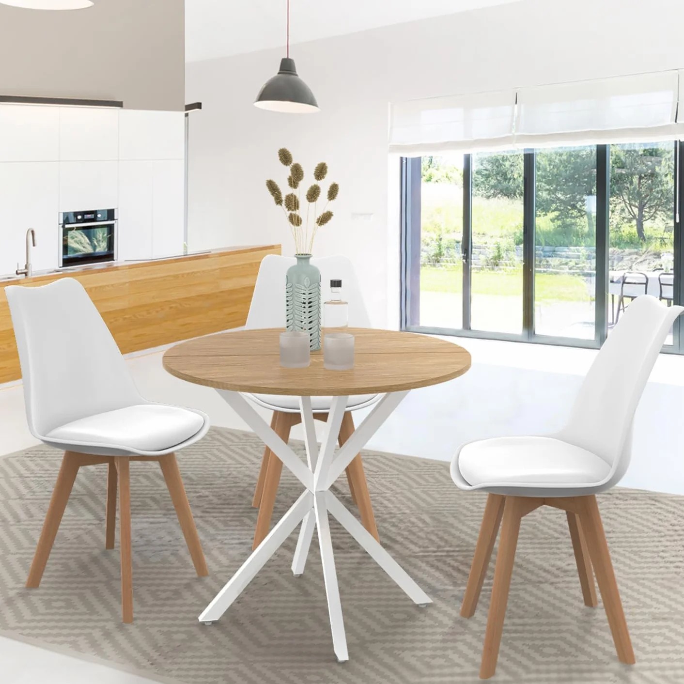 IDMarket - Table à Manger Ronde Alix 4 Personnes Pied araignée Bois et Blanc 80 cm