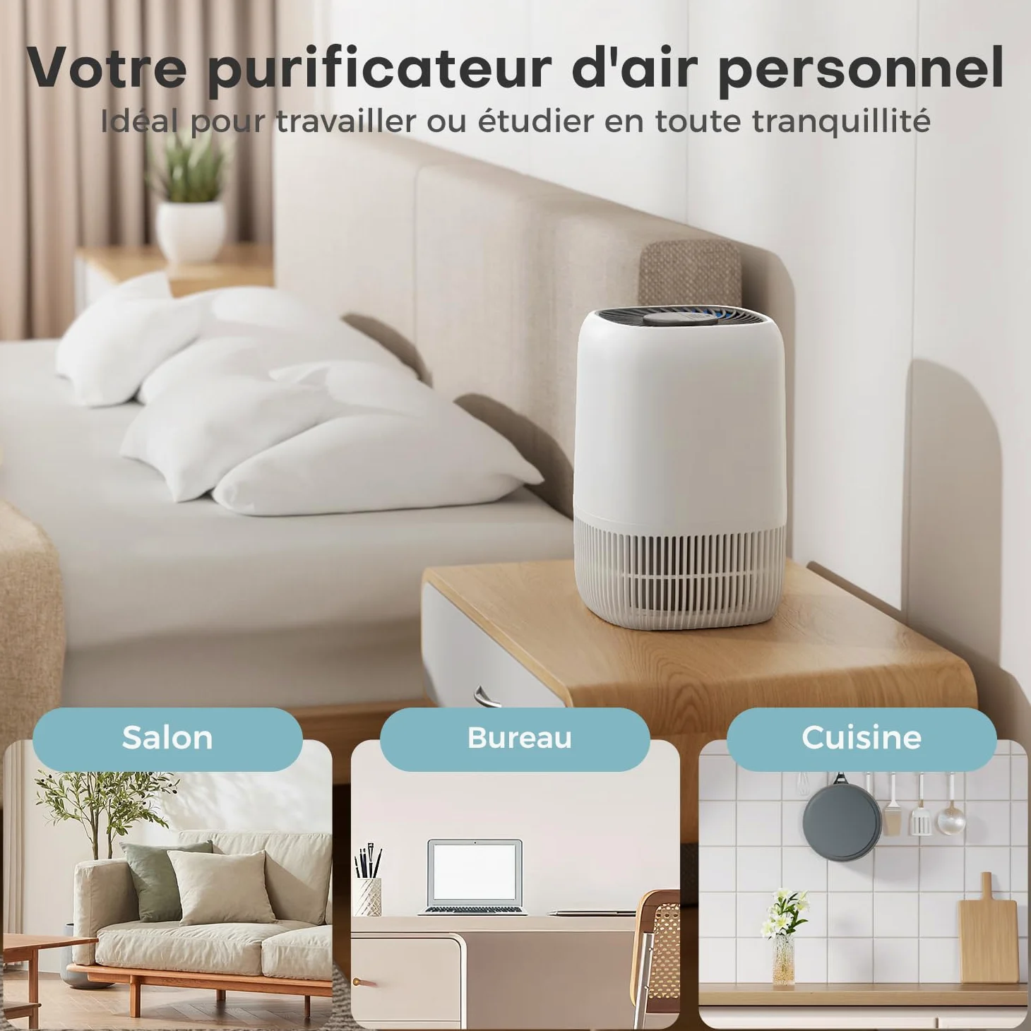 AROEVE Purificateur d'Air avec Filtre HEPA H13 à 3 Étages, Pour Chambre 20m², Silencieux 22 dB & Économie d'Énergie 5W, Élimine Pollen Fumée Poils d'Animaux, Fonction Aromathérapie