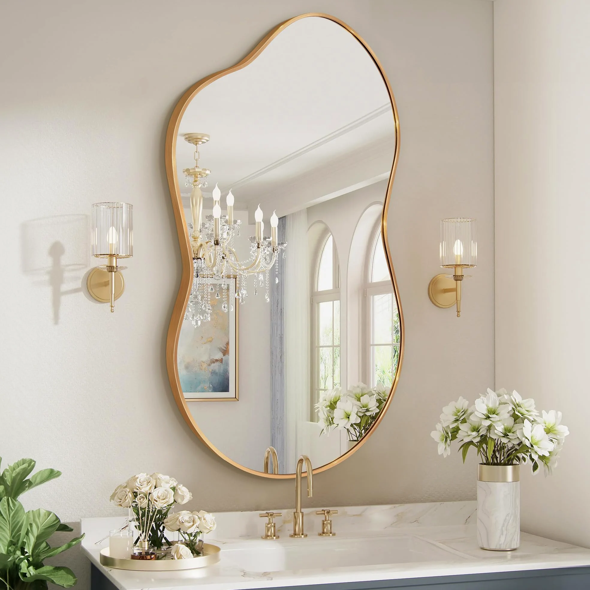 Miroir Mural Irrégulier, Miroir Décoratif Asymétrique avec Cadre en Alliage d’Aluminium Qualité Aviation pour Salle de Bain, Chambre, Salon, Entrée