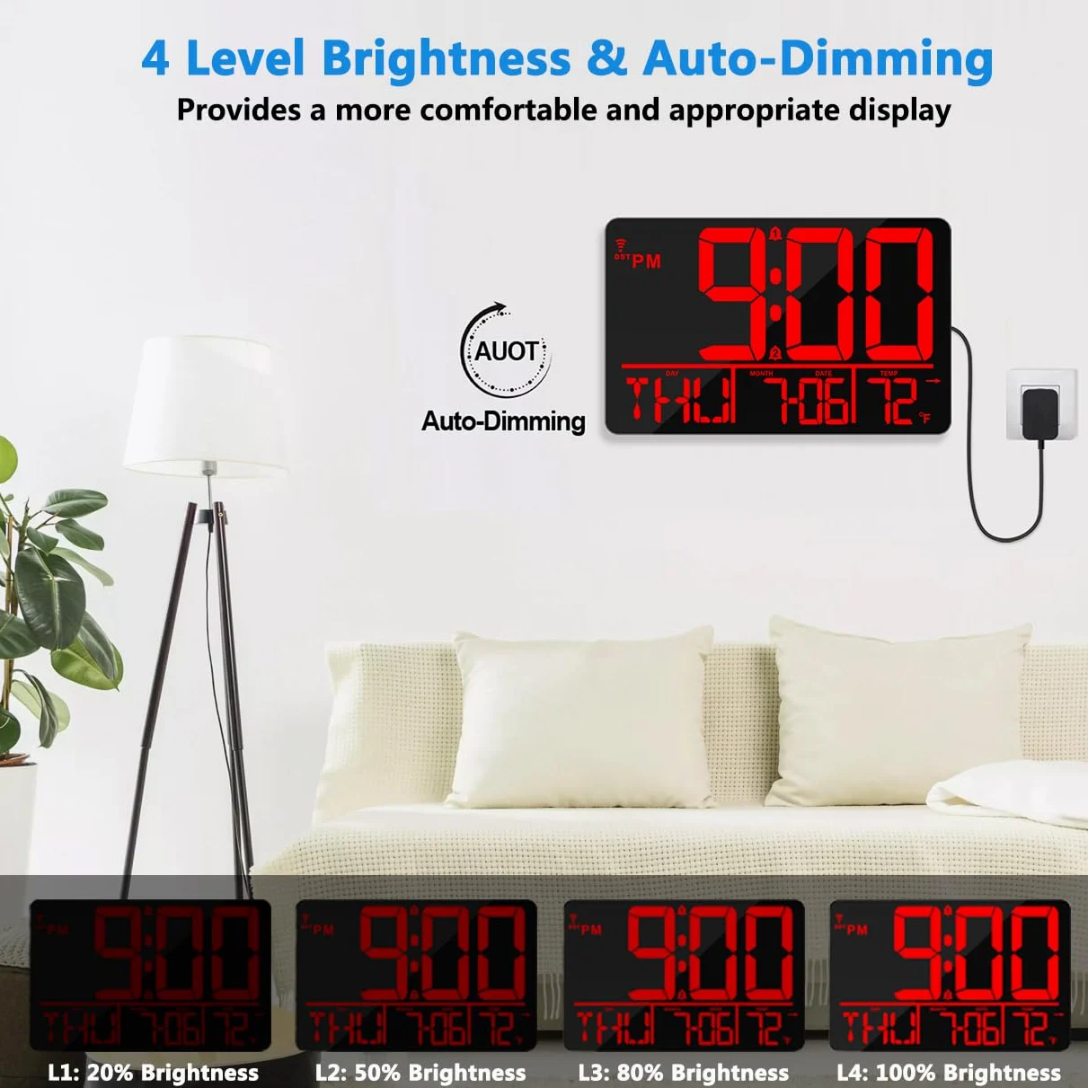 Grande horloge murale numérique LED de 33 cm avec télécommande, synchronisation Bluetooth, 25 sonneries, température, date et jour de la semaine, double alarme, luminosité automatique, DST