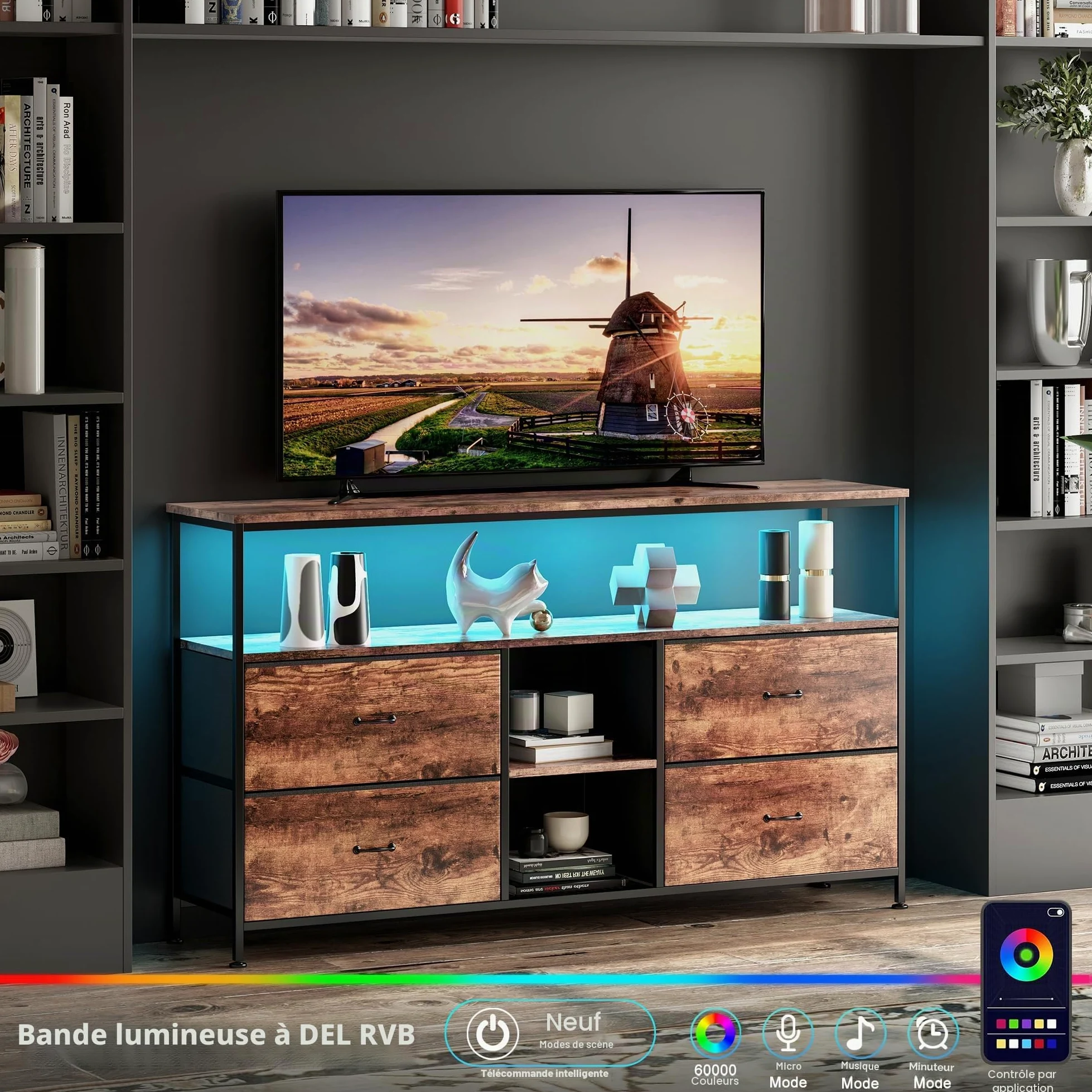 BRILVERDE Meuble TV LED 108cm avec 4 Tiroirs en Tissu PU, Banc TV Vintage, Meuble Télé avec Rangement, Buffet Multimédia pour Salon, Chambre (Rayures de Tigre, 108cm A)