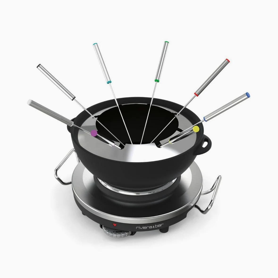 riviera&bar Fondue-Réchaud Électrique 1000W - Capacité 1,2L pour 8 Personnes - Température Réglable 6 Niveaux - Caquelon en Fonte Émaillée - INOX et Acier Chromé - Accessoires Inclus - Acier Chromé
