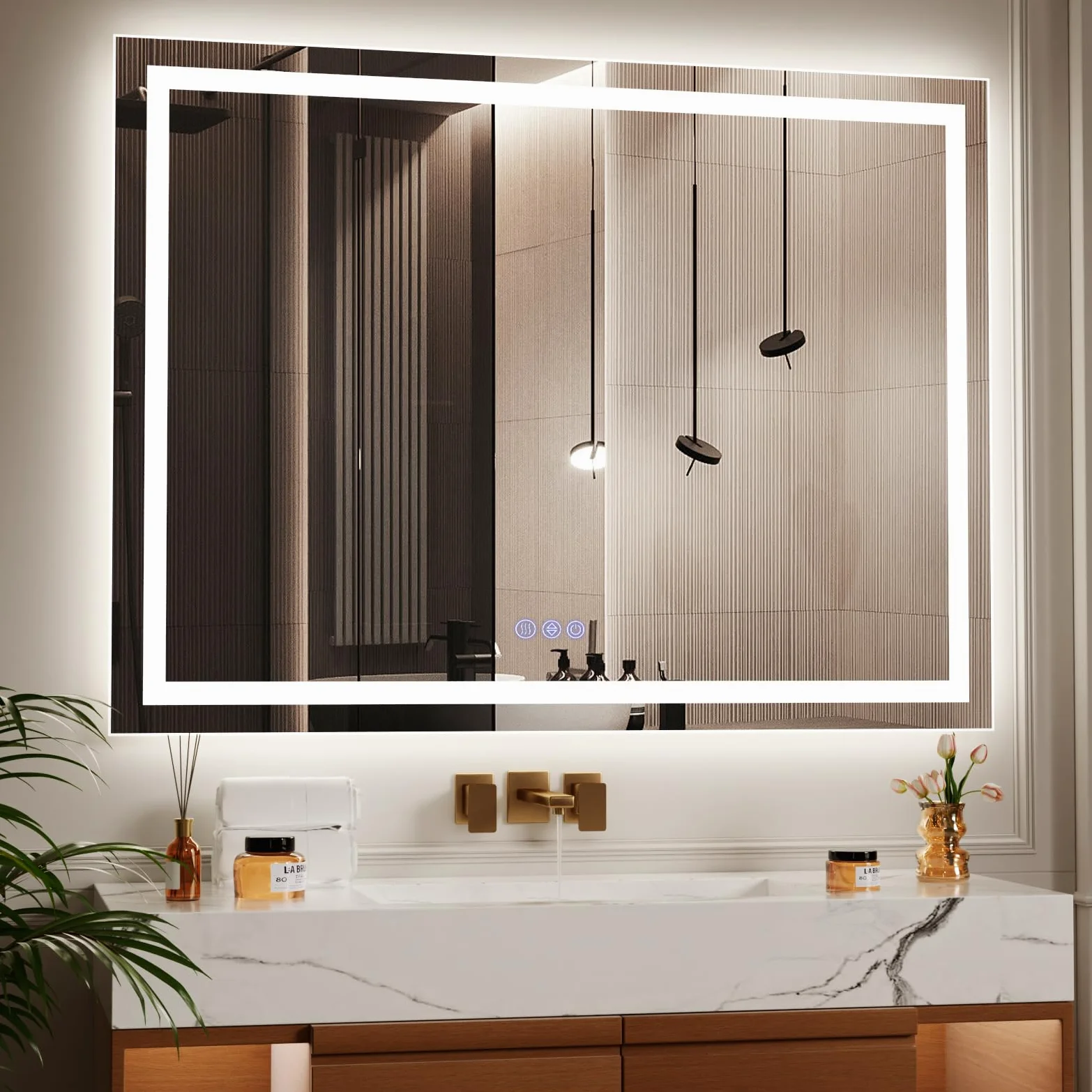Koonmi 120x90 cm Miroir de Salle de Bain LED - 3 Modes d'éclairage réglables, Miroir de Salle de Bain Intelligent avec éclairage Avant et arrière, Fonction mémoire, Montage Mural Horizontal et