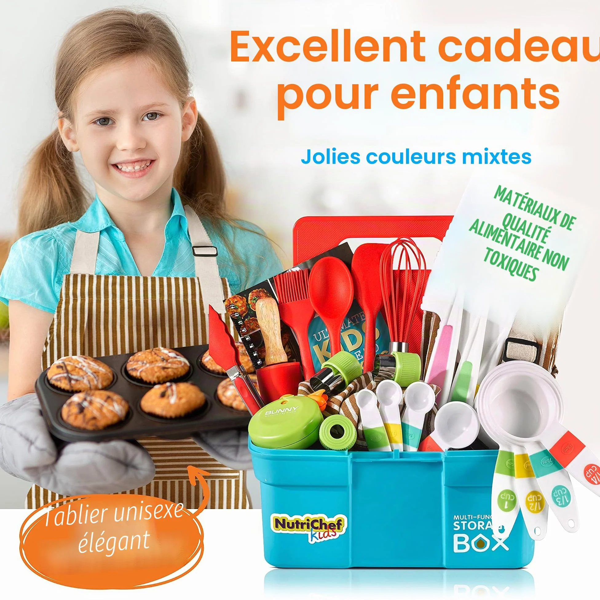 NutriChef Kit Cuisine Enfant et Pâtisserie – Set Complet avec Tablier Little Chef, Livre de Recettes, Couteaux Nylon et Ustensiles, dès 4 Ans