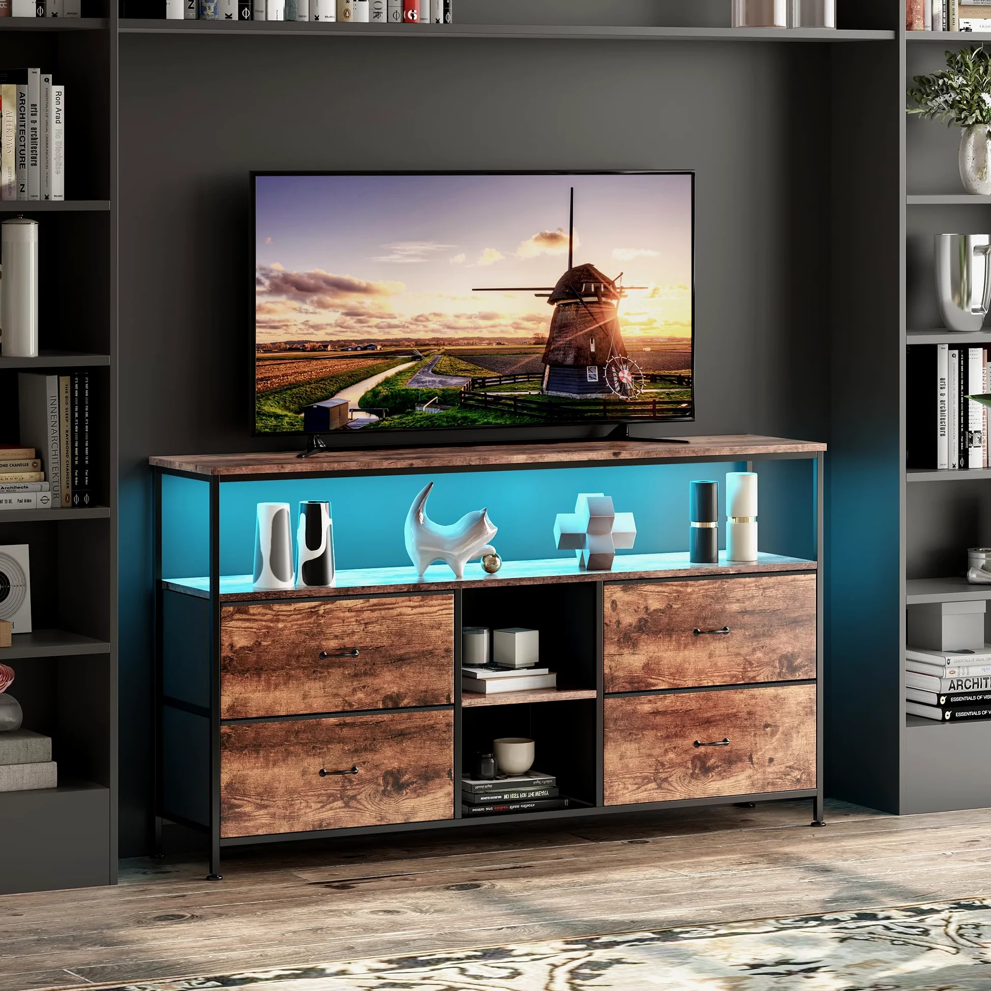 Armoire TV avec lumières LED - 108 x 30 x 78 cm - Meuble TV avec 4 tiroirs, 3 compartiments ouverts - Avec étagère en verre réglable - Pour salon, chambre à coucher - Marron - 108 x 30 x 78 cm