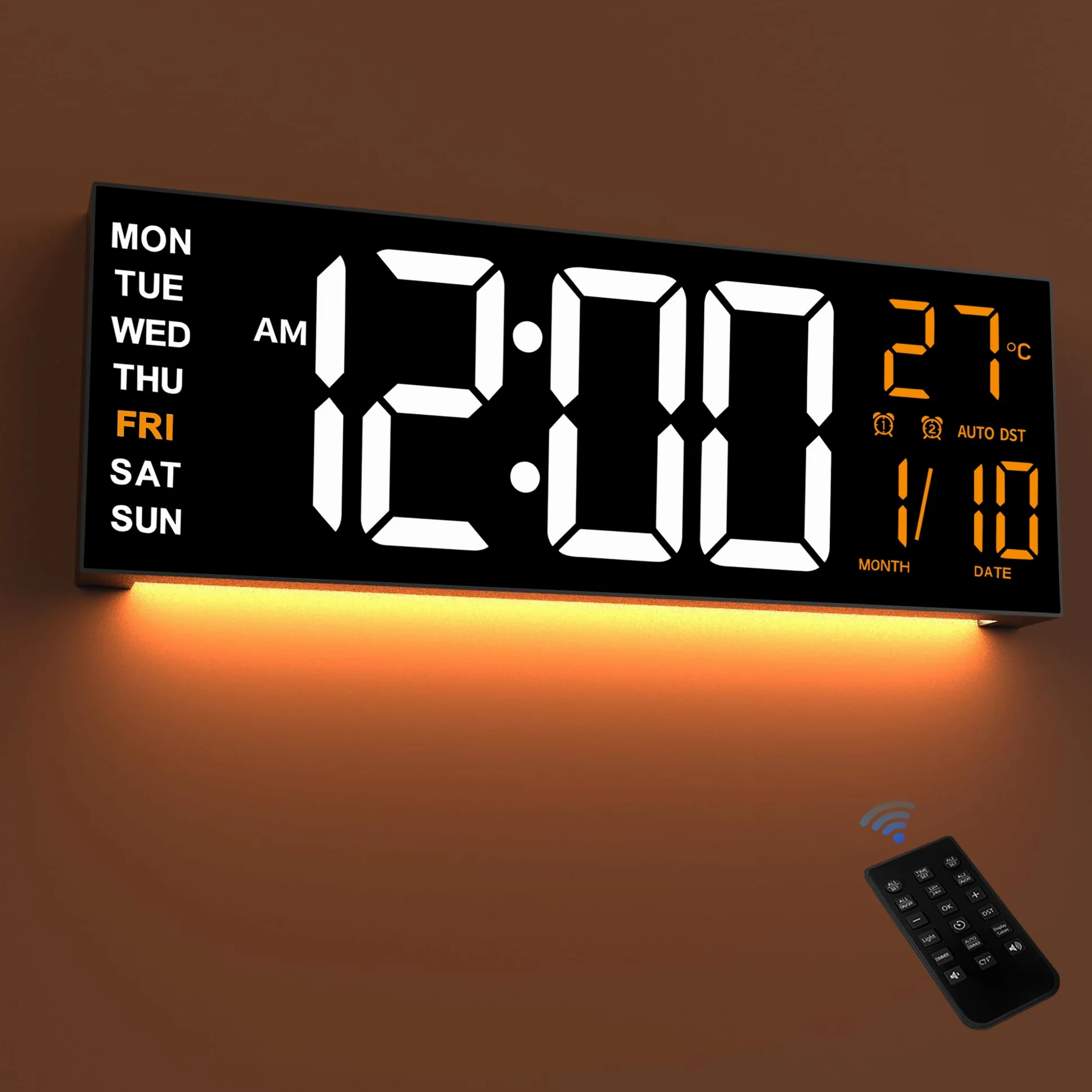 Horloge Numérique Murale 16,5" avec Minuteur, Lumière Nocturne, 2 Réveils, 8 Couleurs RGB, Réglage Auto de la Luminosité, Température, Date, 24/12 Heure pour le Salon, Chambre, Bureau, Seniors