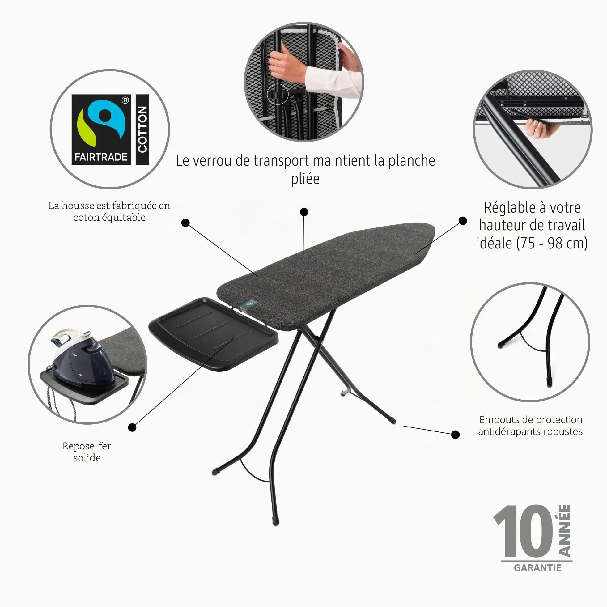 Brabantia - Table à Repasser - Planche à Repasser XL - Table Repassage avec Plateau Extra-Stable - avec Verrouillage de Transport - Table à Repasser Pliable Denim Black - 124 x 45 cm