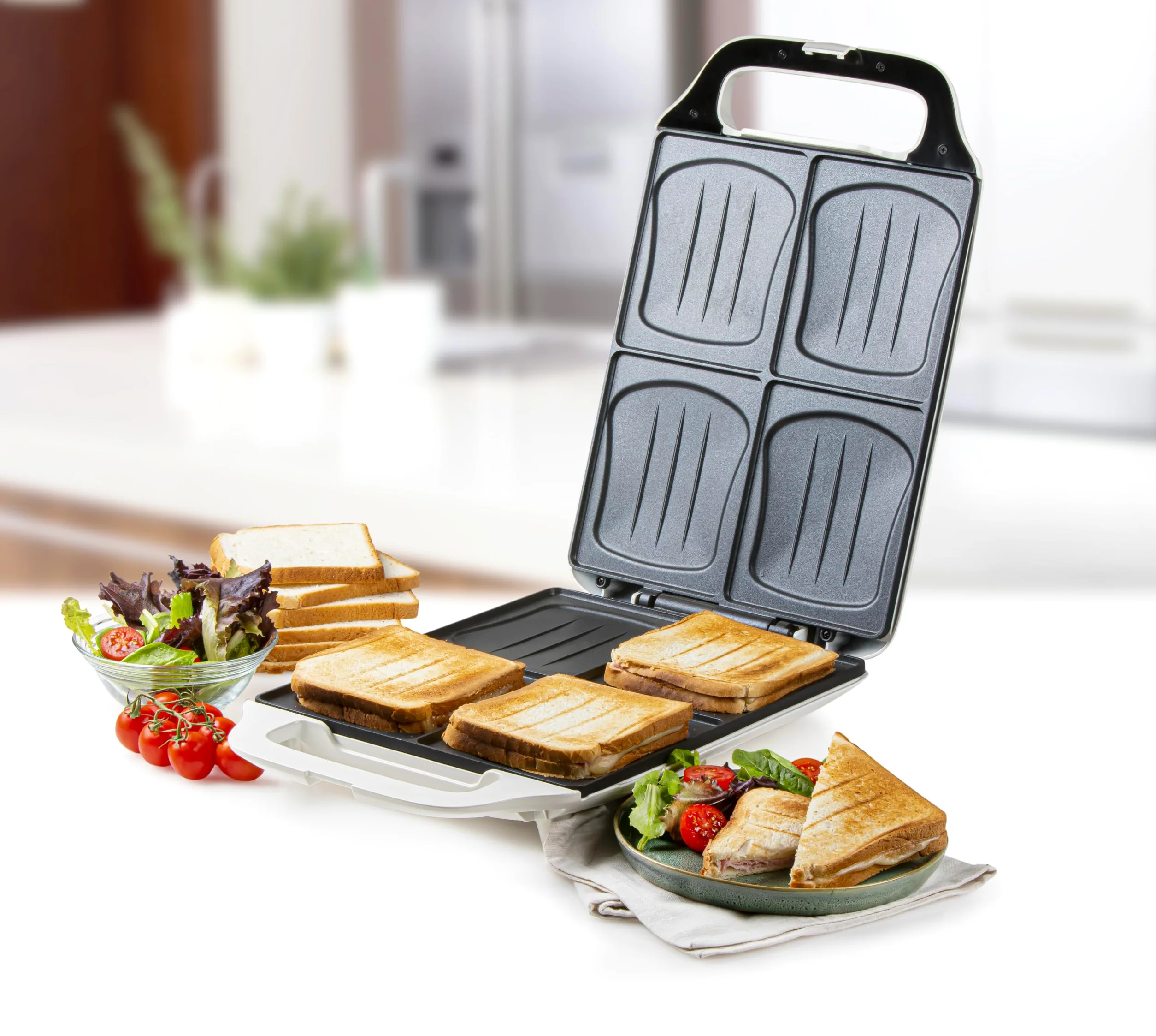 DOMO DO9064C Croque Famille XXL pour 4 grands croques - 1800W - Revêtement antiadhésif - Voyants lumineux - Blanc