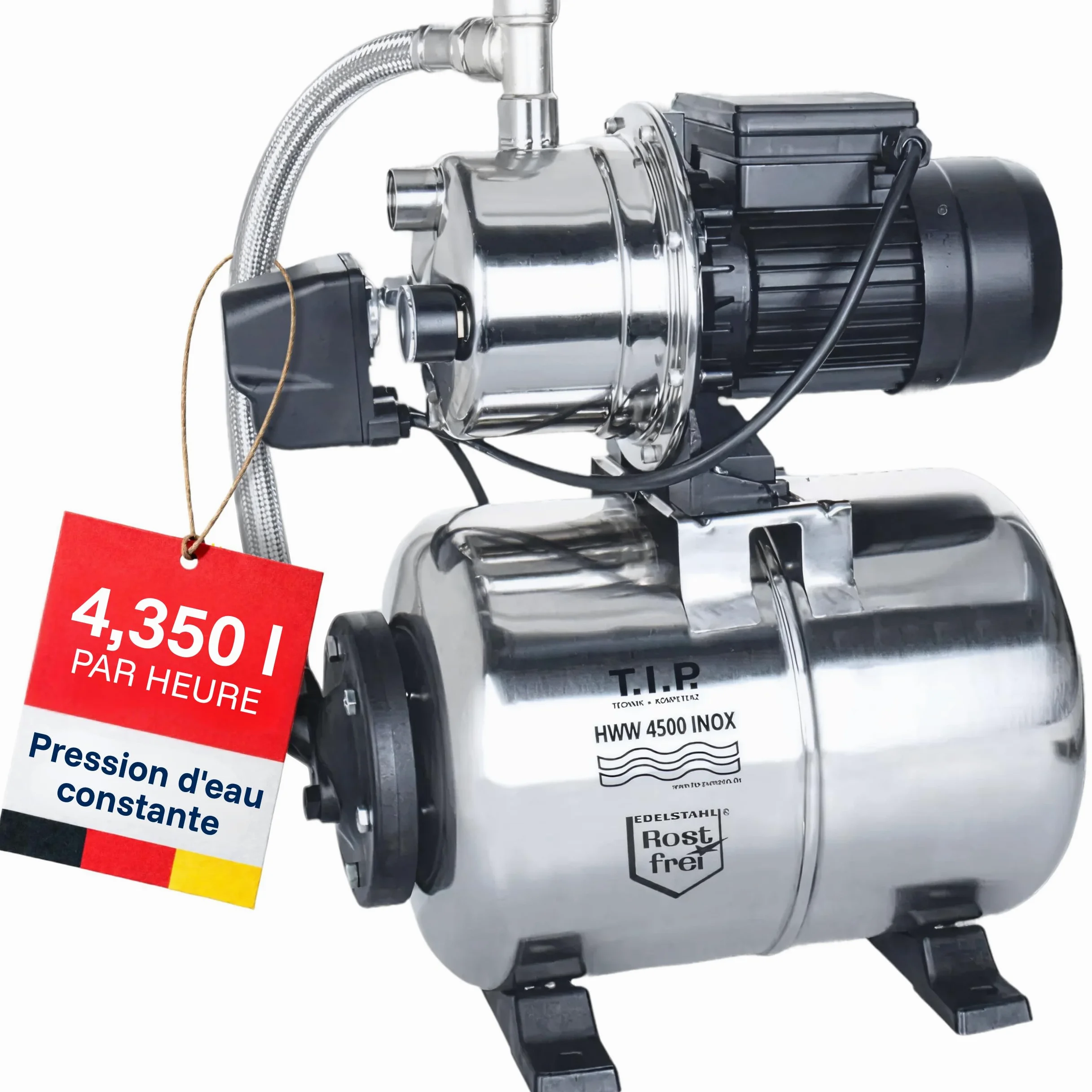 T.I.P. HWW 4500 Circuit d’Eau Domestique Débit de 4350 l/h Hauteur de Refoulement de 50 m Puissance 1200 W Prêt à l'installation par Bouton Cuve de Pression en Inox Capacité 22 L Couleur Argent