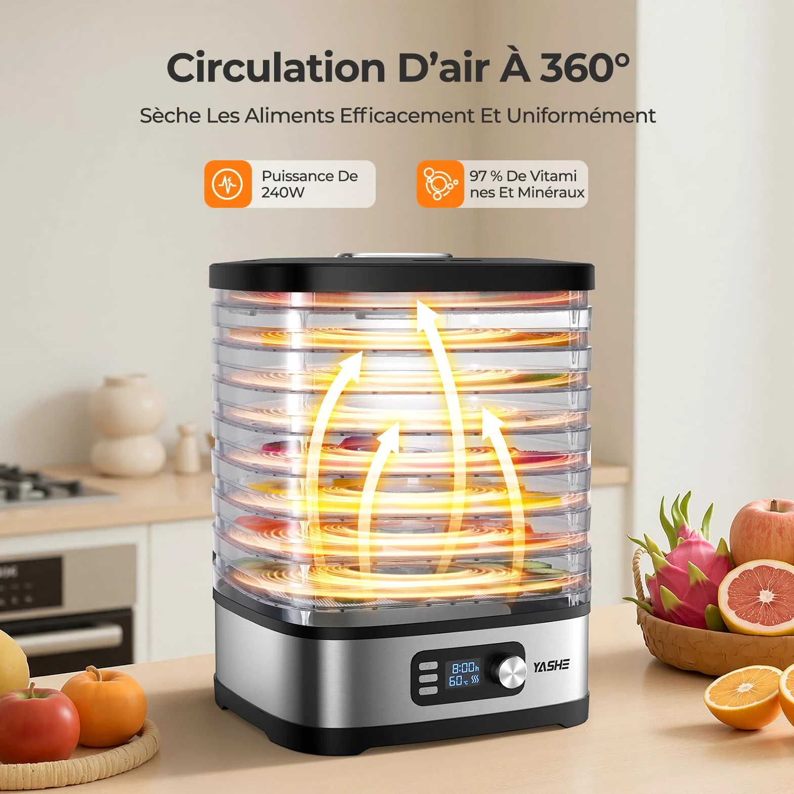 YASHE Deshydrateur Alimentaire 8 Plateaux, Minuteur Digital & Température Réglable, Plateaux Sans BPA, Feuilles en Maille & Rouleaux de Fruits, Pince Inox, Pour Jerky, Fruits, Légumes et Herbes