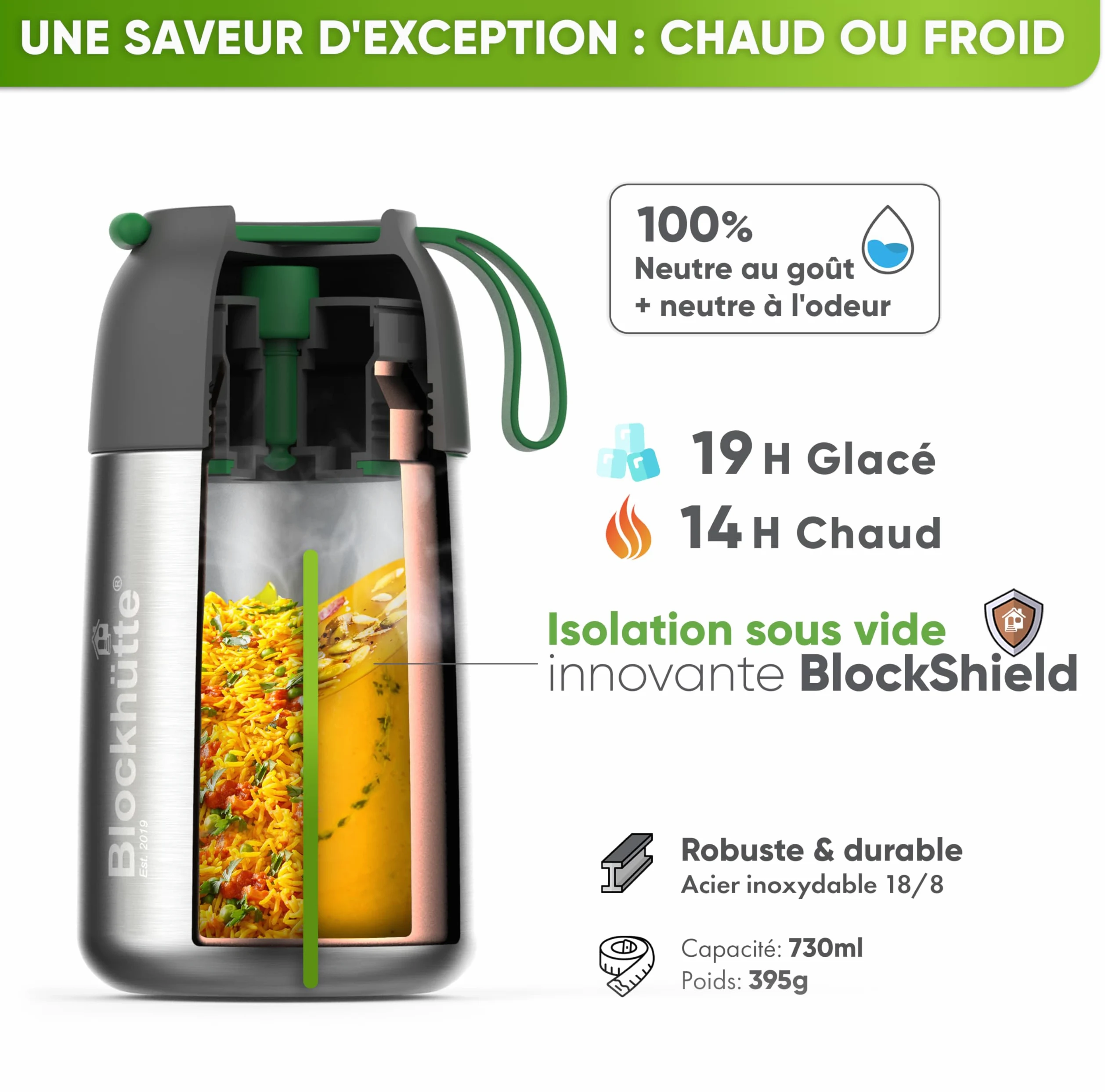 Blockhütte Thermos isotherme 730ml En inox Avec Cuillère et Fourchette - Thermos Alimentaire Chaud idéal Pour Le Travail - Boite Alimentaire isotherme Avec Sac de Transport - Lave-Vaisselle