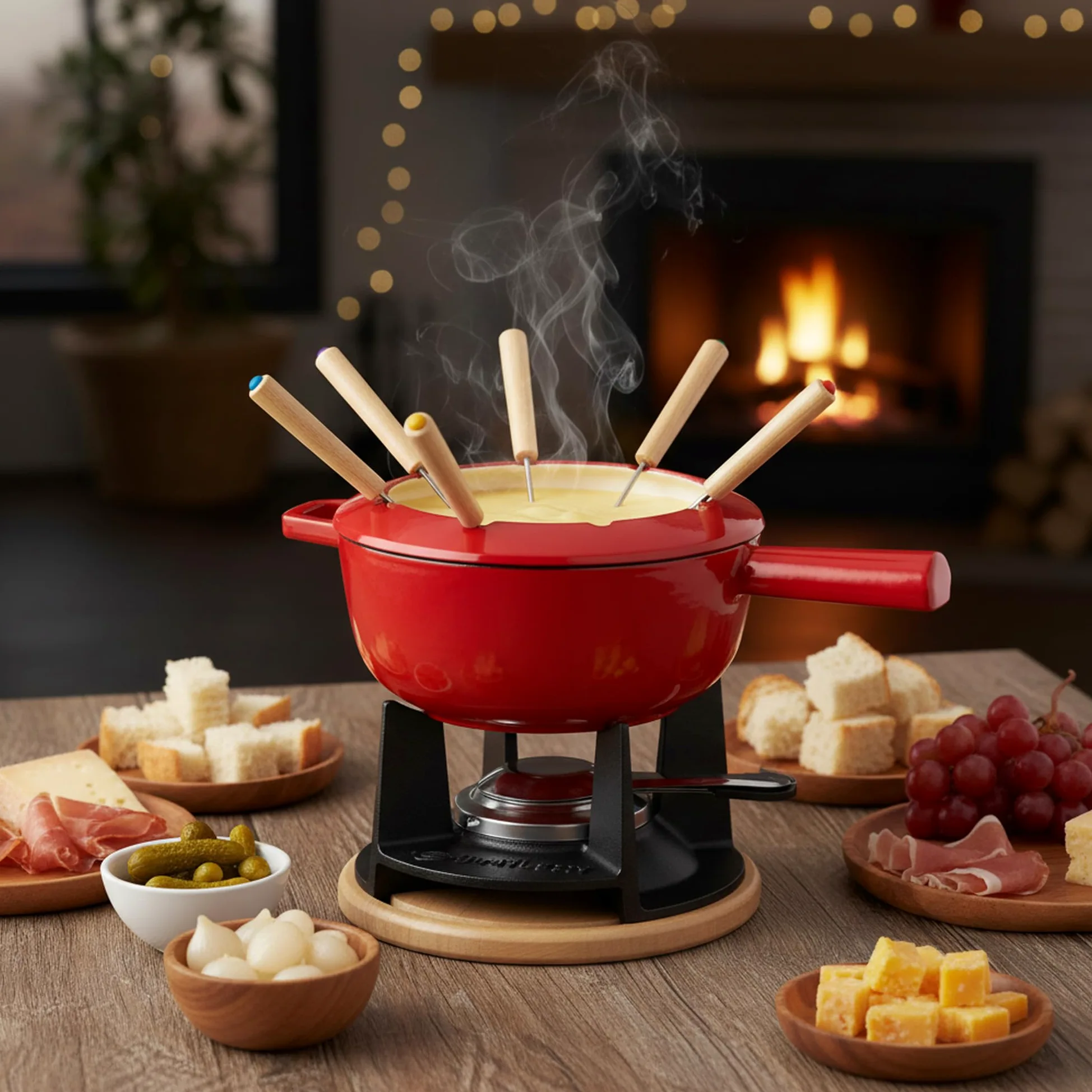 Mahlzeit Service à Fondue en Fonte pour 6 Personnes | 2 litres | Service à Fondue à 13 pièces avec brûleur et fourchettes | Service à Fondue Chocolat, Fondue bourguignonne (Rouge émaillé)