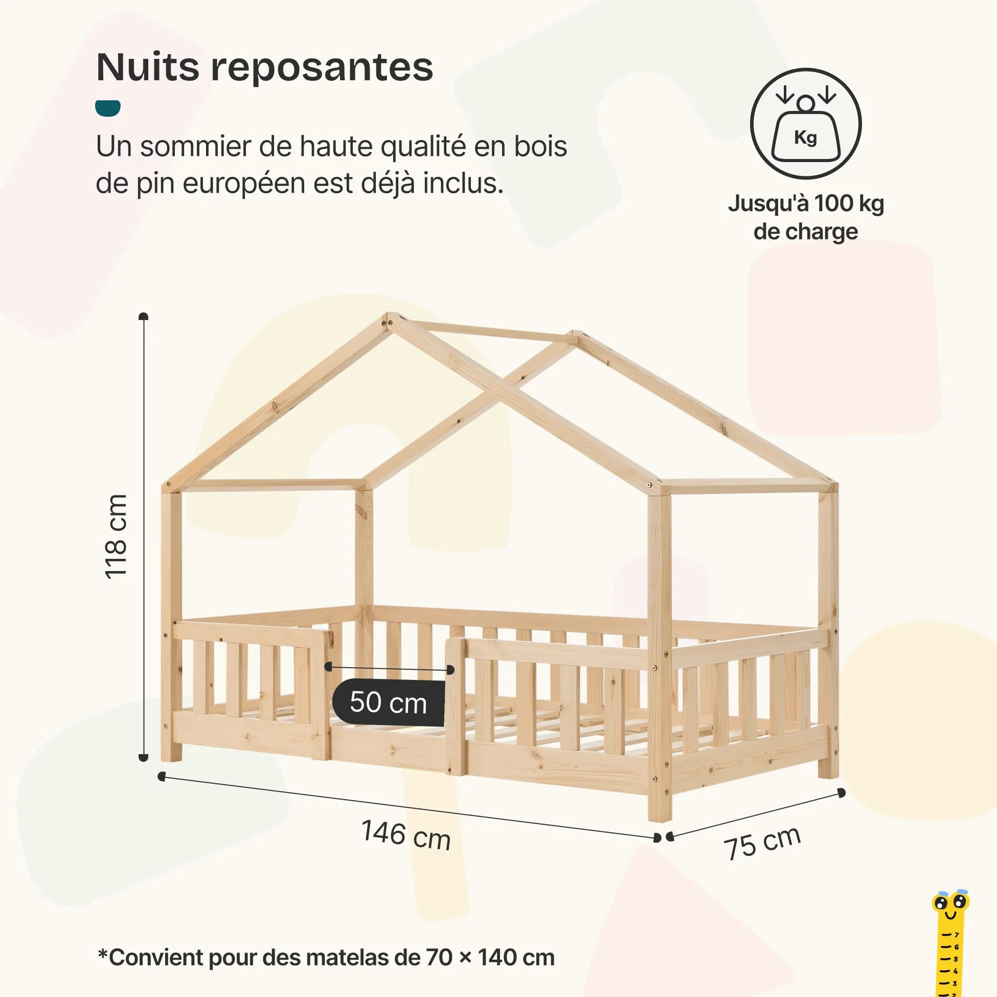 [en.casa] Lit d'enfant Cabane Treviolo 70 x 140 cm Lit Montessori en Forme de Maison avec Barrière et Sommier à Lattes Solide Style Scandinave Capacité de Charge 70 kg Bois de Pin Naturel