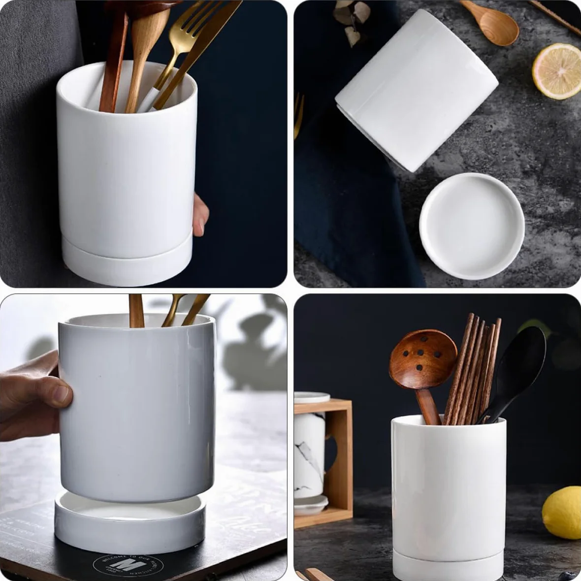 Porte-ustensiles Multipurpose Égouttoir Blanc en Céramique Cuisine Organisateur Pratique pour Baguettes pour Comptoir Cuisine