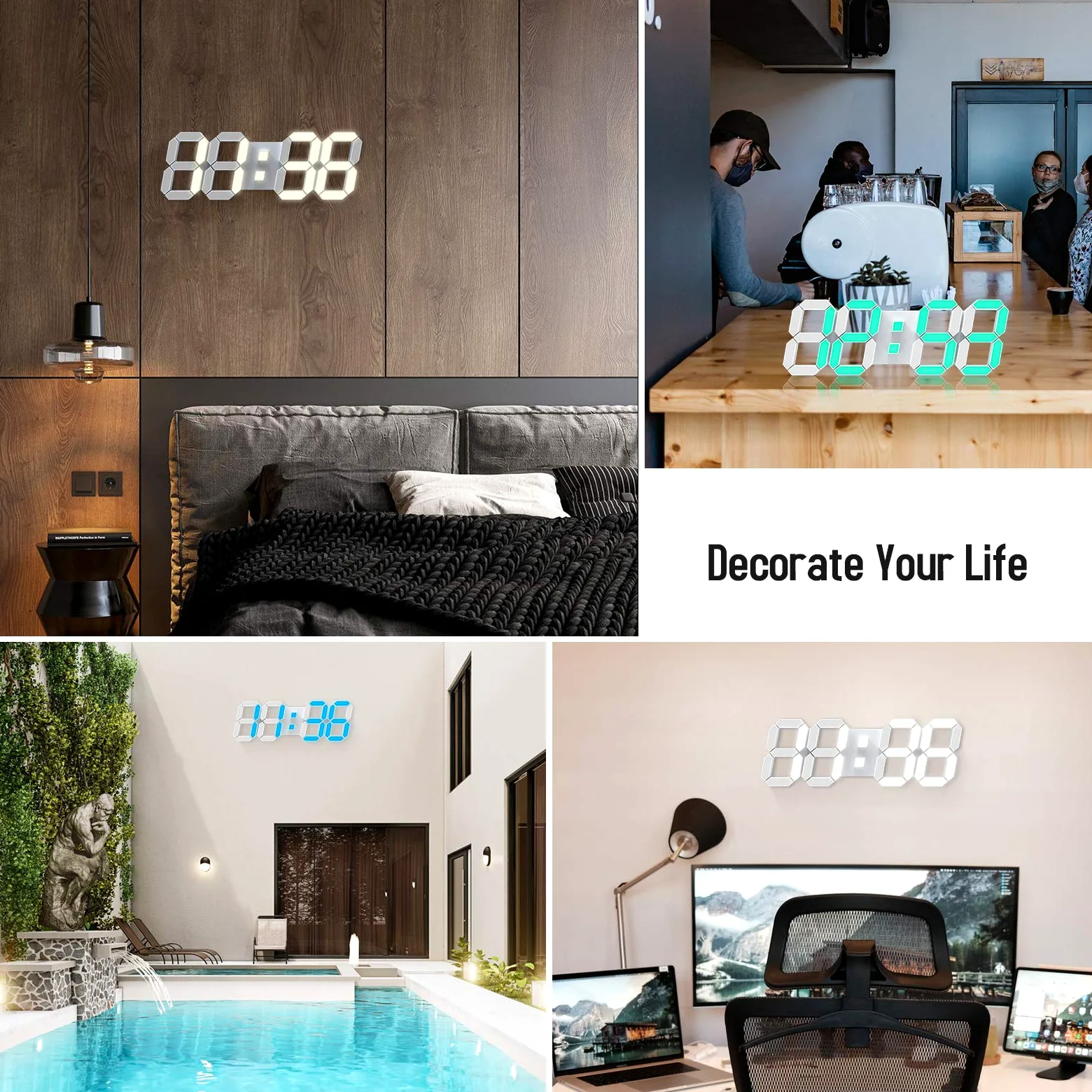 Horloge murale 3D LED 7 couleurs 38,1 cm avec télécommande réveil numérique à luminosité réglable, minuteur 12/24 heures, heure/date/température, cycle de couleurs pour chambre/salon/bureau à domicile