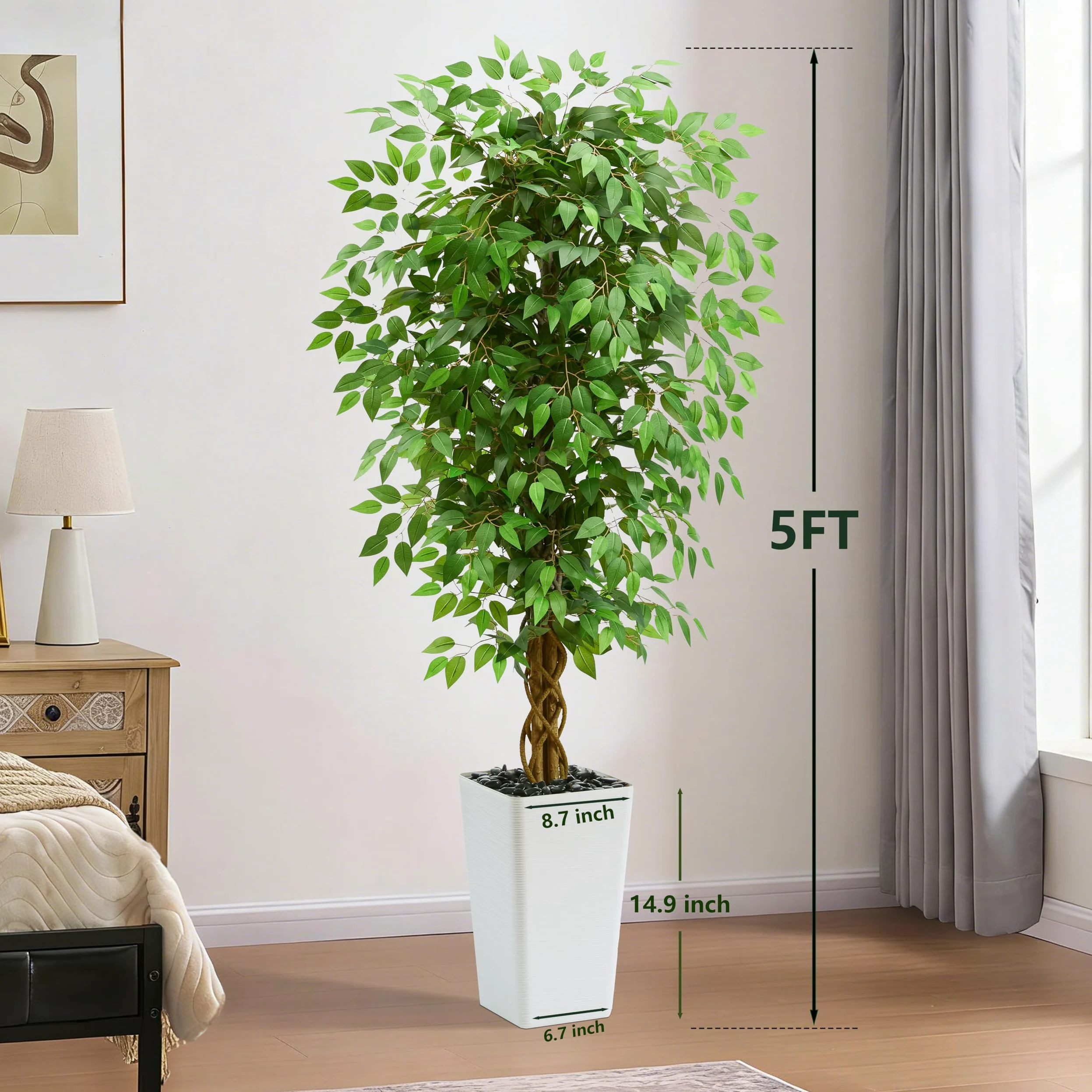 150cm Plantes Artificielles Ficus - Grande Arbre Artificiel, avec Troncs Incurvés Naturels, Fausse Plante pour Une Utilisation Intérieure et Extérieure, Bureaux, Salons ou Décoration de La Maison.