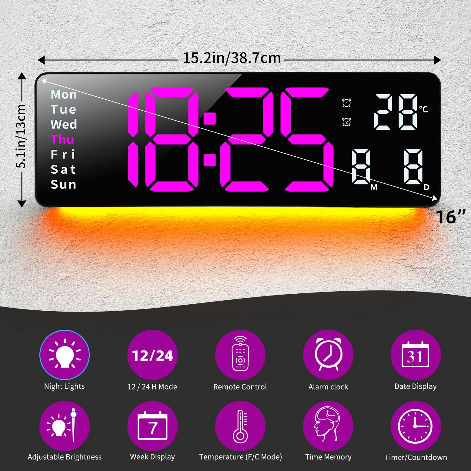 Fuloon Horloge Murale Numérique LED avec Télécommande Positif Compte à Rebours Luminosité Réglable Pendules Murales pour Salon Cuisine Bureau Gymnase (16 Pouces, Rose Rouge)
