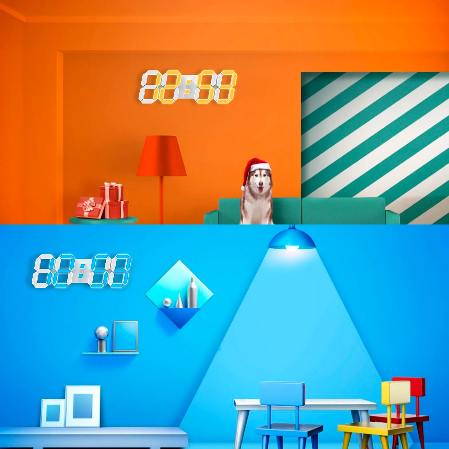 Horloge murale 3D LED 7 couleurs 38,1 cm avec télécommande réveil numérique à luminosité réglable, minuteur 12/24 heures, heure/date/température, cycle de couleurs pour chambre/salon/bureau à domicile