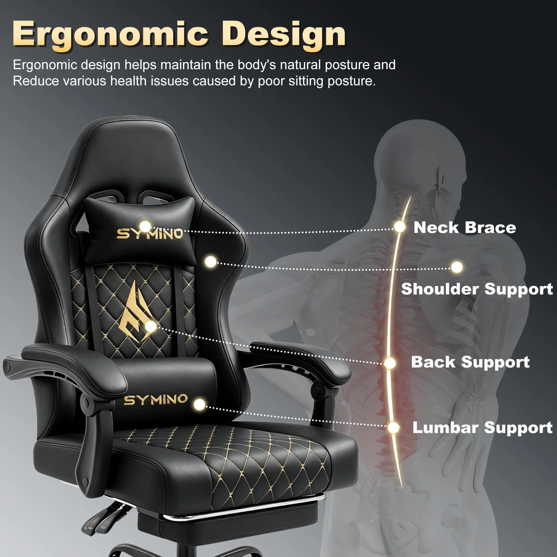 Symino Chaise de Gamer Ergonomique, Chaise Gaming avec Soutien Lombaire Repose-Pieds, Fauteuil de Bureau réglable et pivotant capacité de Charge 150 kg, Cuir PU Noir