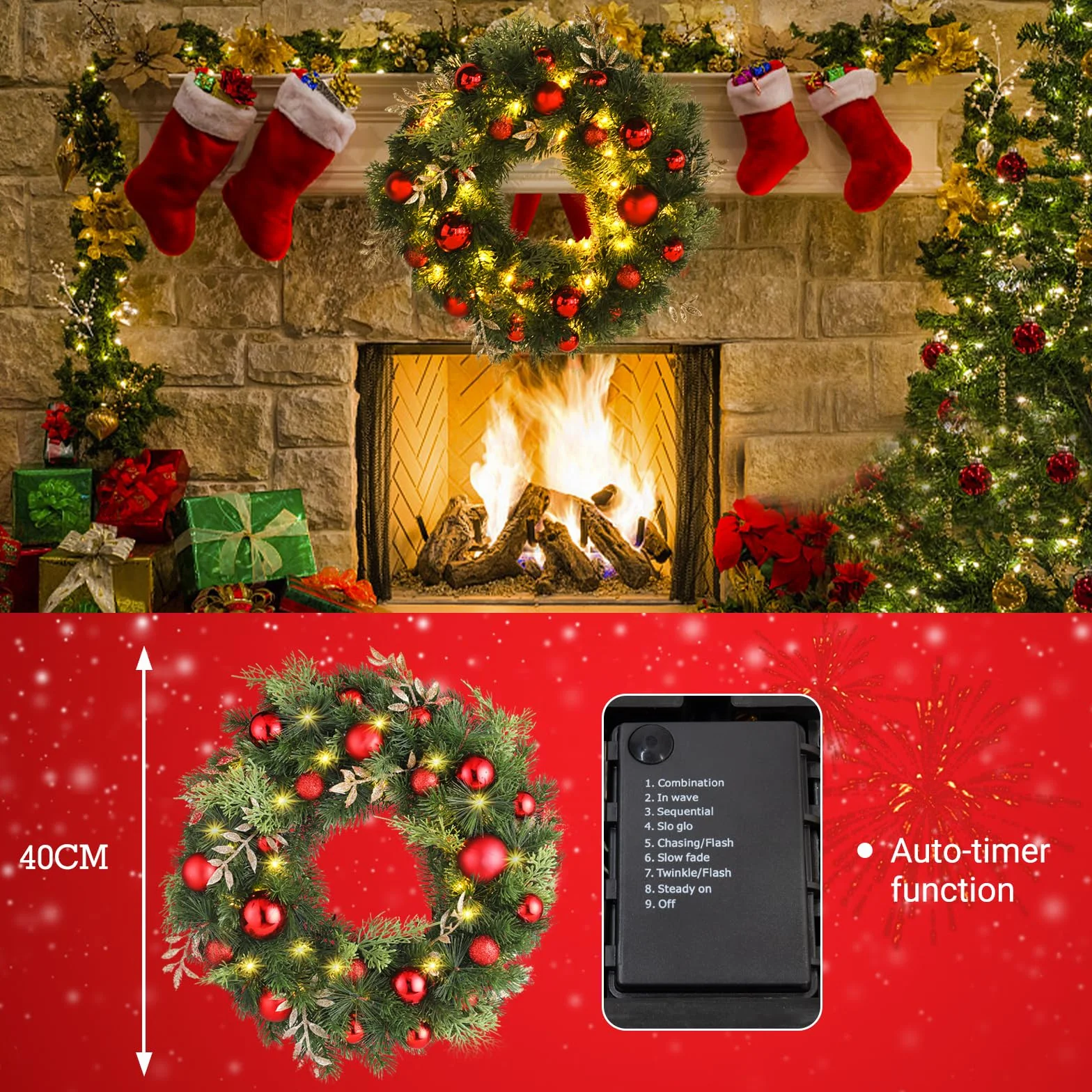 GlobaLink Couronne de Noël, Sapin Artificiel Couronne Porte d'Entrée Couronnes et Guirlandes de Noël Rouges avec Pommes de Pin,40CM