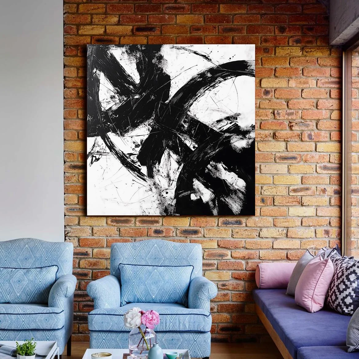 Affiches contemporaines Peinture à l’encre Toile Peinture Peinture murale Imprimé en noir et blanc Fresque encadrée Œuvres d’art pour chambre Chambre Chambre d’amis Décoration intérieure 40x40cm