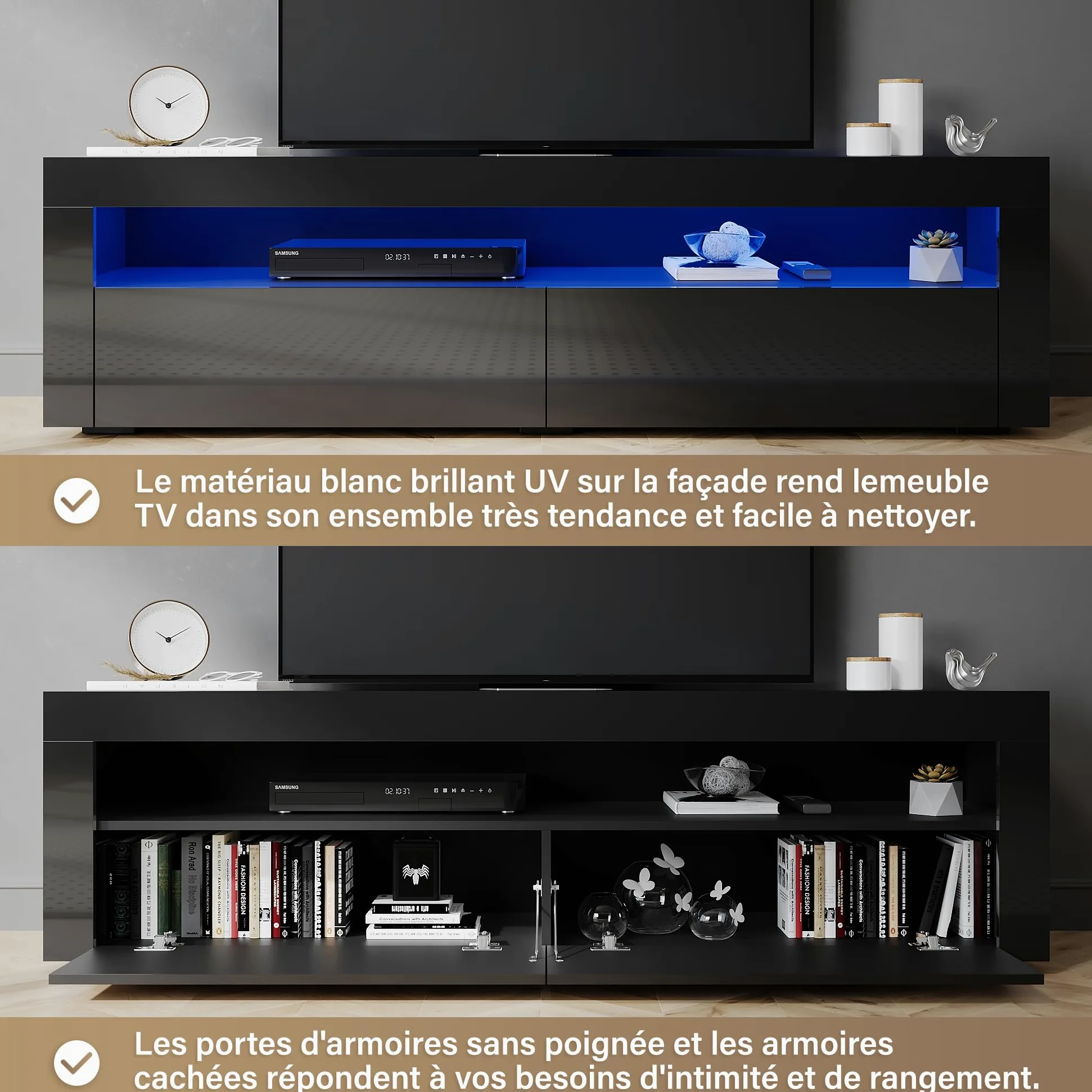 SIRHONA Meuble TV Noir, Meuble Tele avec LED, Éclairage LED RGB avec Couleur réglable, 2 Placards avec Portes, 160x40x45cm, Convient pour Salon ou Chambre