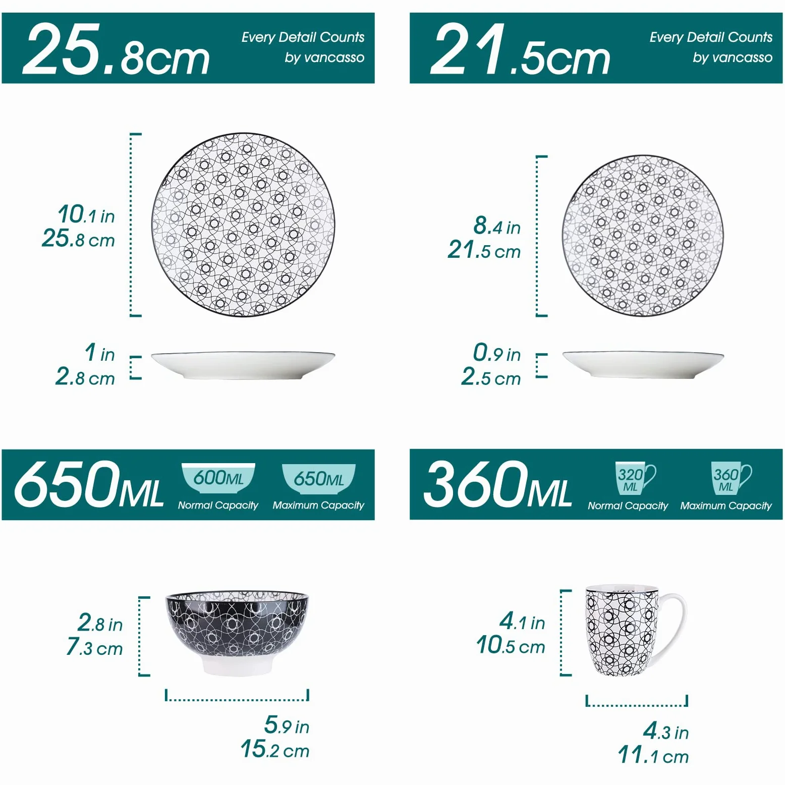vancasso, Haruka Service de table en porcelaine, 48 pièces, ronds, pour 12 personnes, comprend gobelets, bols, assiettes à dessert et assiettes plates